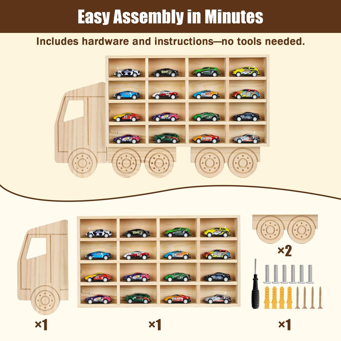 SHASHIDI Wooden Display Case for 1:64 Toy Cars – Car Organizer Shelf Holds 16 Diecast Cars, Great Gift for Collectors, Wall-Mounted Car Storage Rack(WD5330)