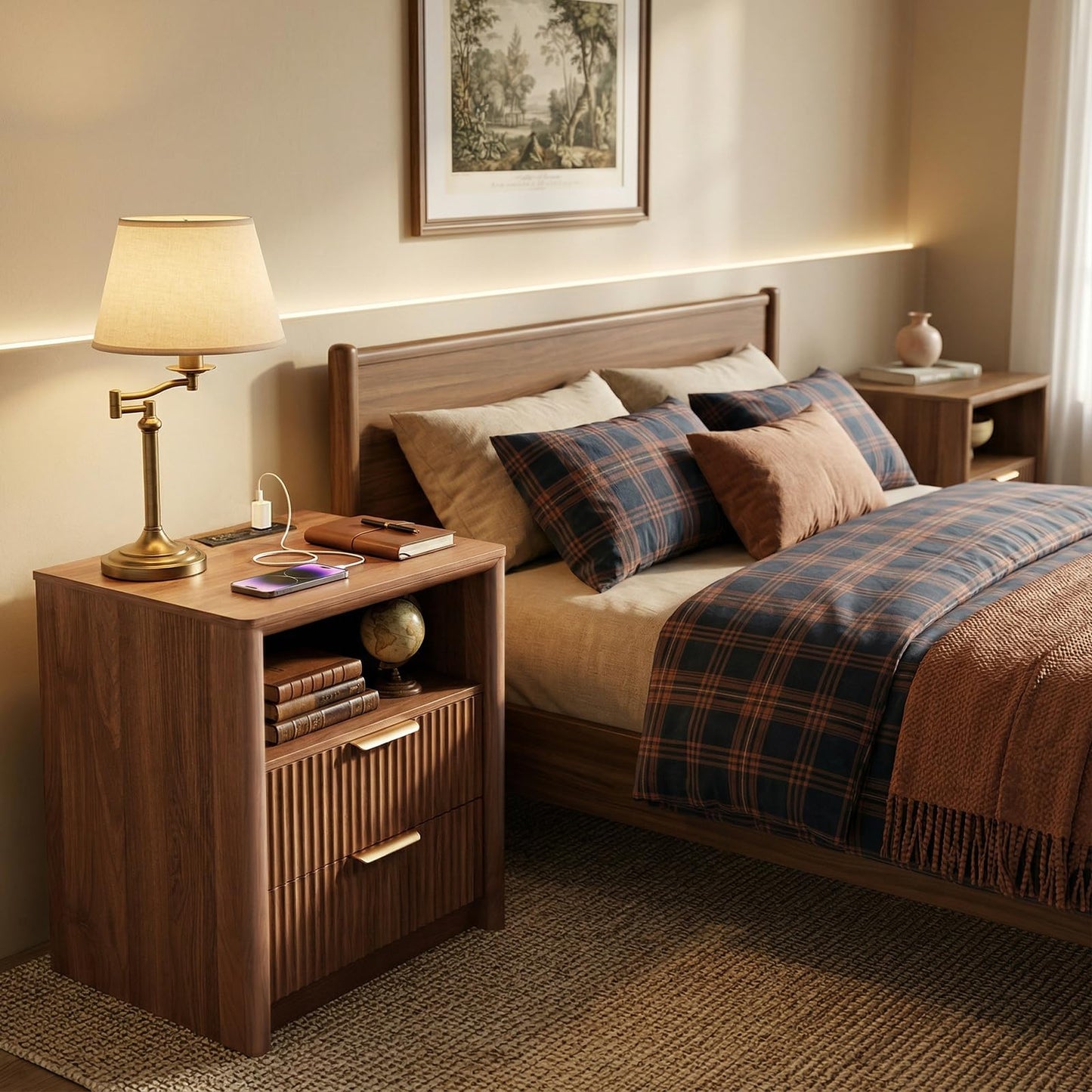LYNCOHOME 19.7" Fluted Nightstand with Charging Station, 2 Drawer Bedside Table, Modern Night Stand with Curved Edge Design, Wooden End Table for Bedroom, Rounded Night Stand with Storage, Walnut