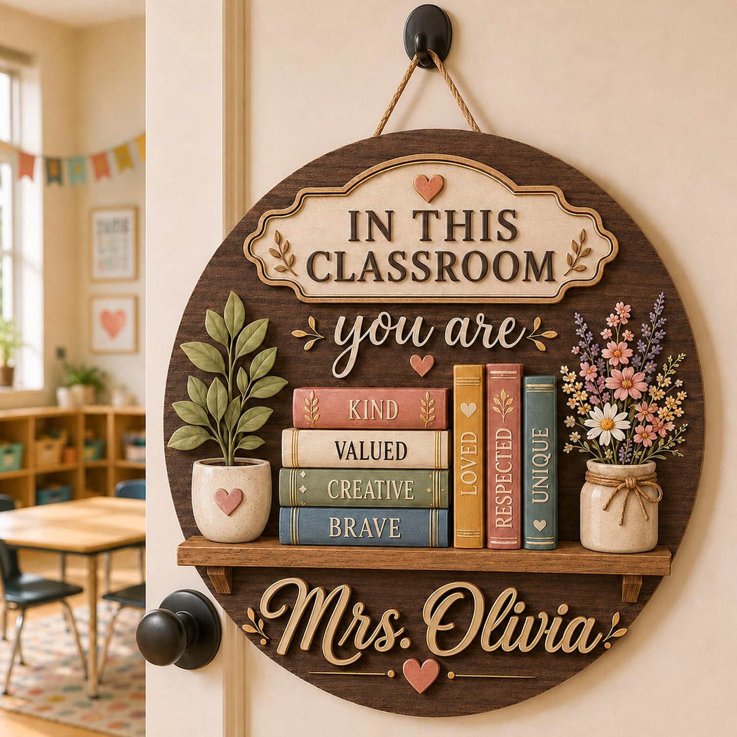 Personalized Teacher Door Sign with Name, Custom Wooden Welcome Teacher Sign, Customized Classroom Door Hanger for Teachers, Classroom Decorations, Teachers Appreciation Gift, Back to School Gifts A04