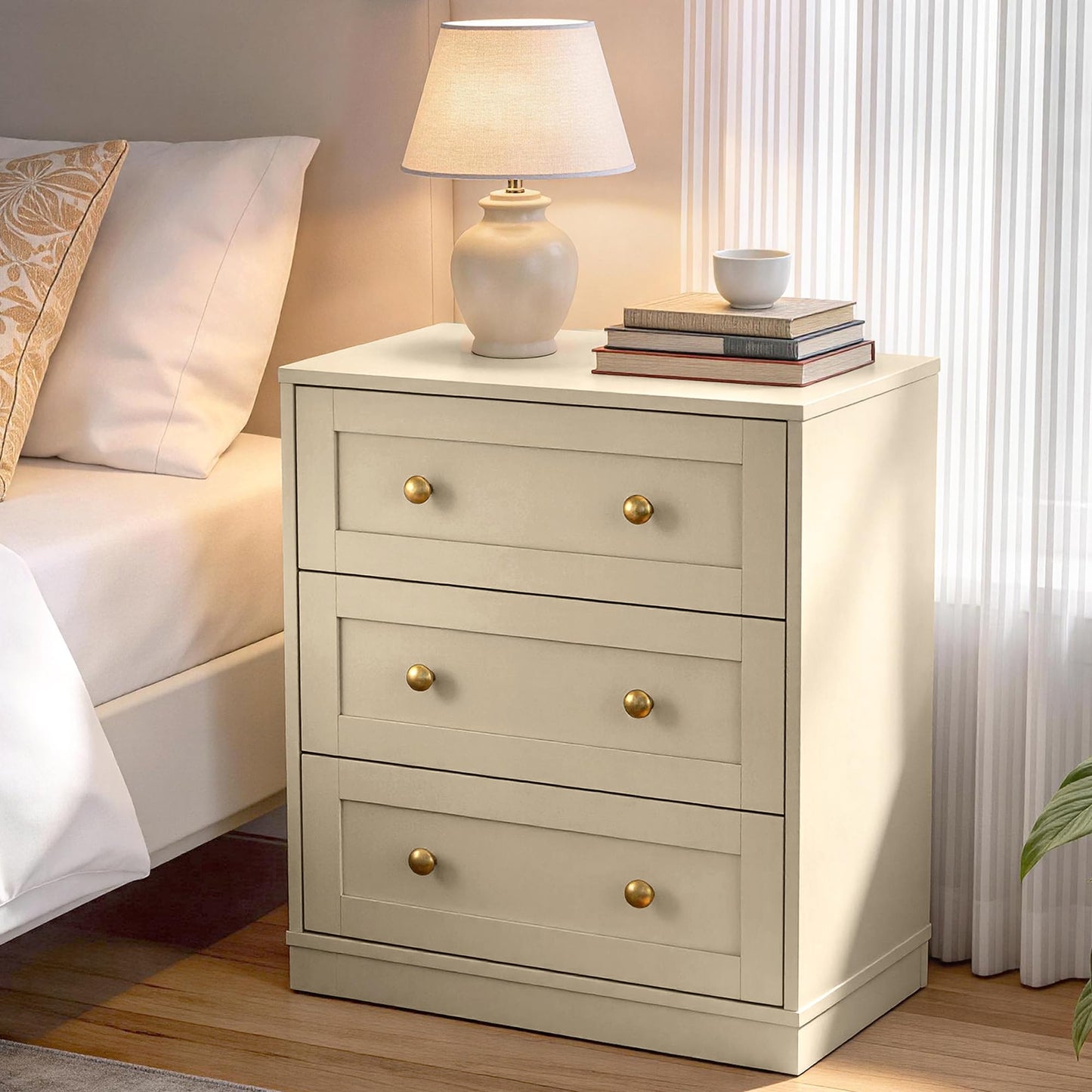 RoyalCraft Small 3 Drawer Dresser Set of 2, Beige Dresser for Bedroom, Wood Nightstand with Drawers, Modern Chest of Drawers for Closet, Living Room, Entryway