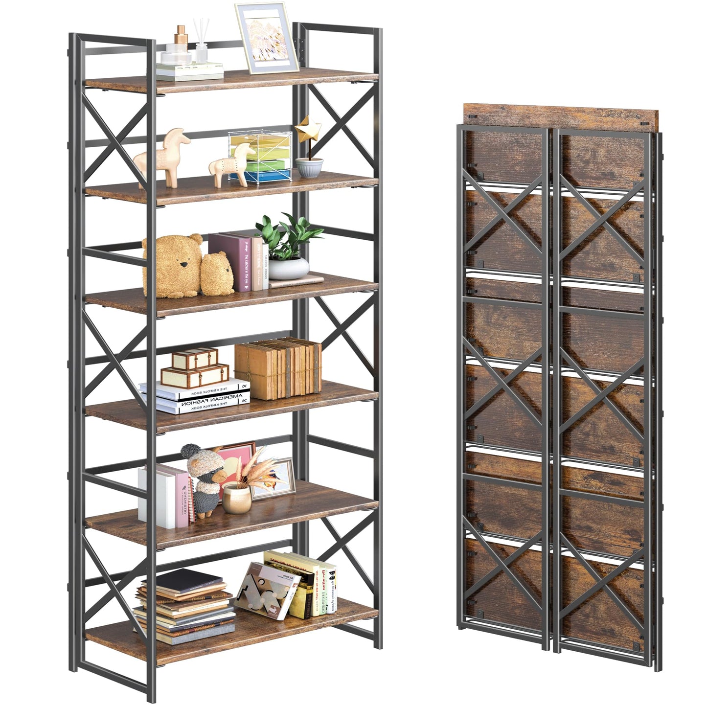 4NM 6 Tiers No Assembly Book Shelves, 61.8" H Folding Bookshelf Bookcase Open Industrial Foldable Shelves for Bedroom, Living Room, Home Office - Rustic Brown Black