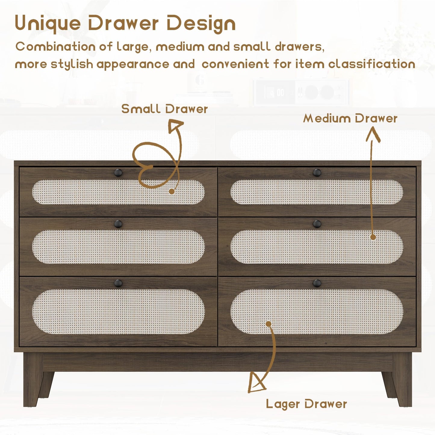 GarveeLife Rattan 6-Drawer Storage Dresser with USB Ports and Power Outlets, Wooden Chest for Bedroom and Living Room, Natural Oak Finish