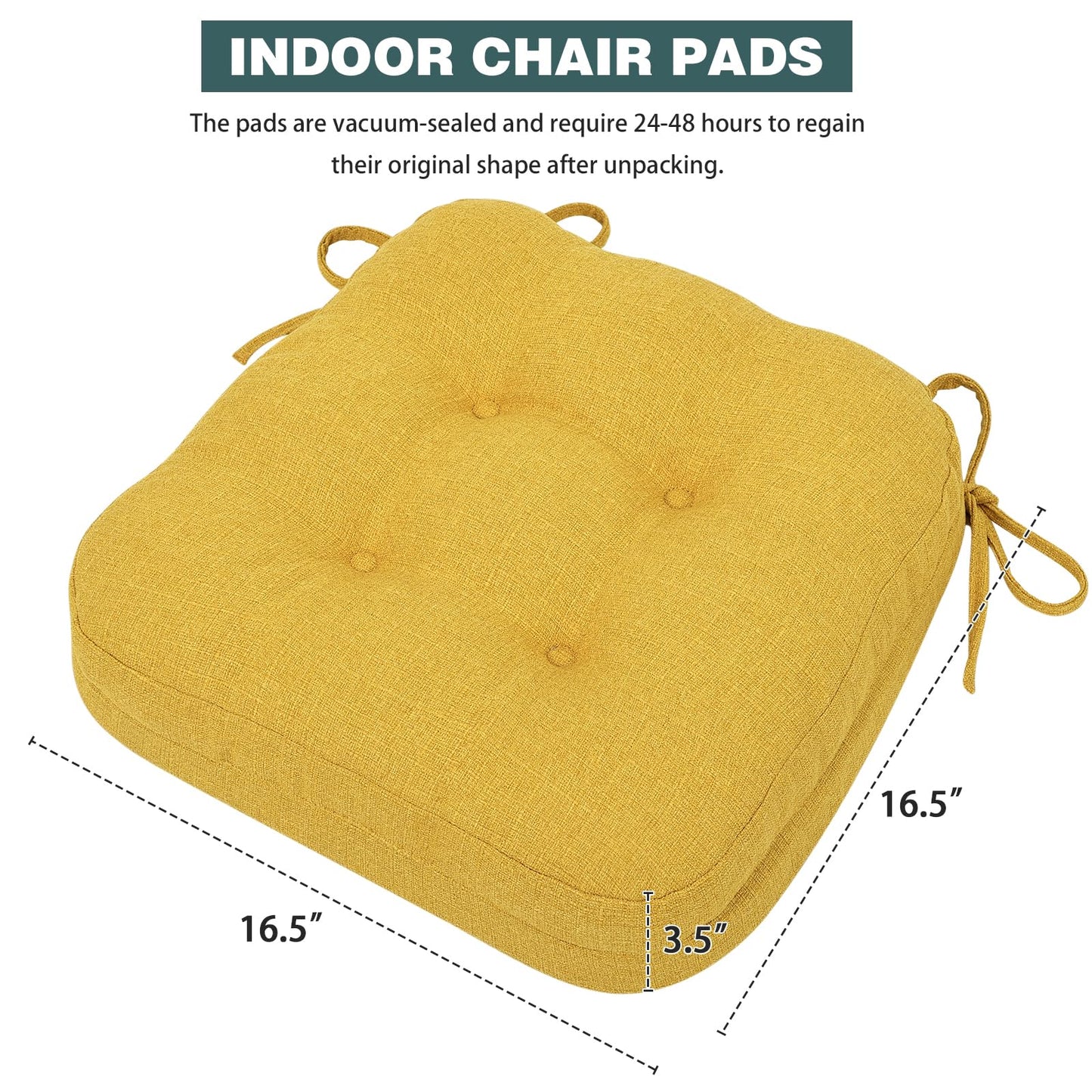 baibu Set of 2 Dining Chair Cushions, Dual-Layer Patent Design Memory Foam Kitchen Chair Cushions, Non-Slip Seat Pads with Ties, 16.5 x 16.5 x 3.5in, 2 Pack, Yellow