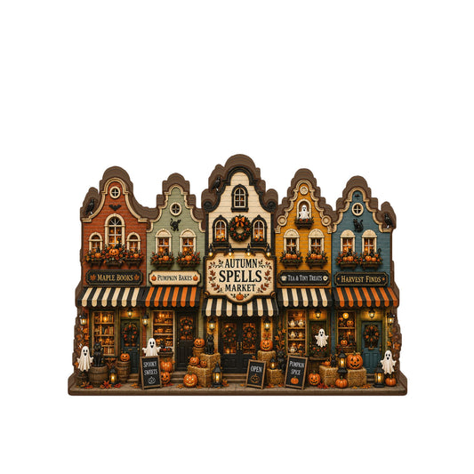 VYLARA Halloween Haunted Village Wooden Block, Rustic Spooky Town Shelf Sitter, Gothic Fall Home Decoration, Halloween Wood Sign Display