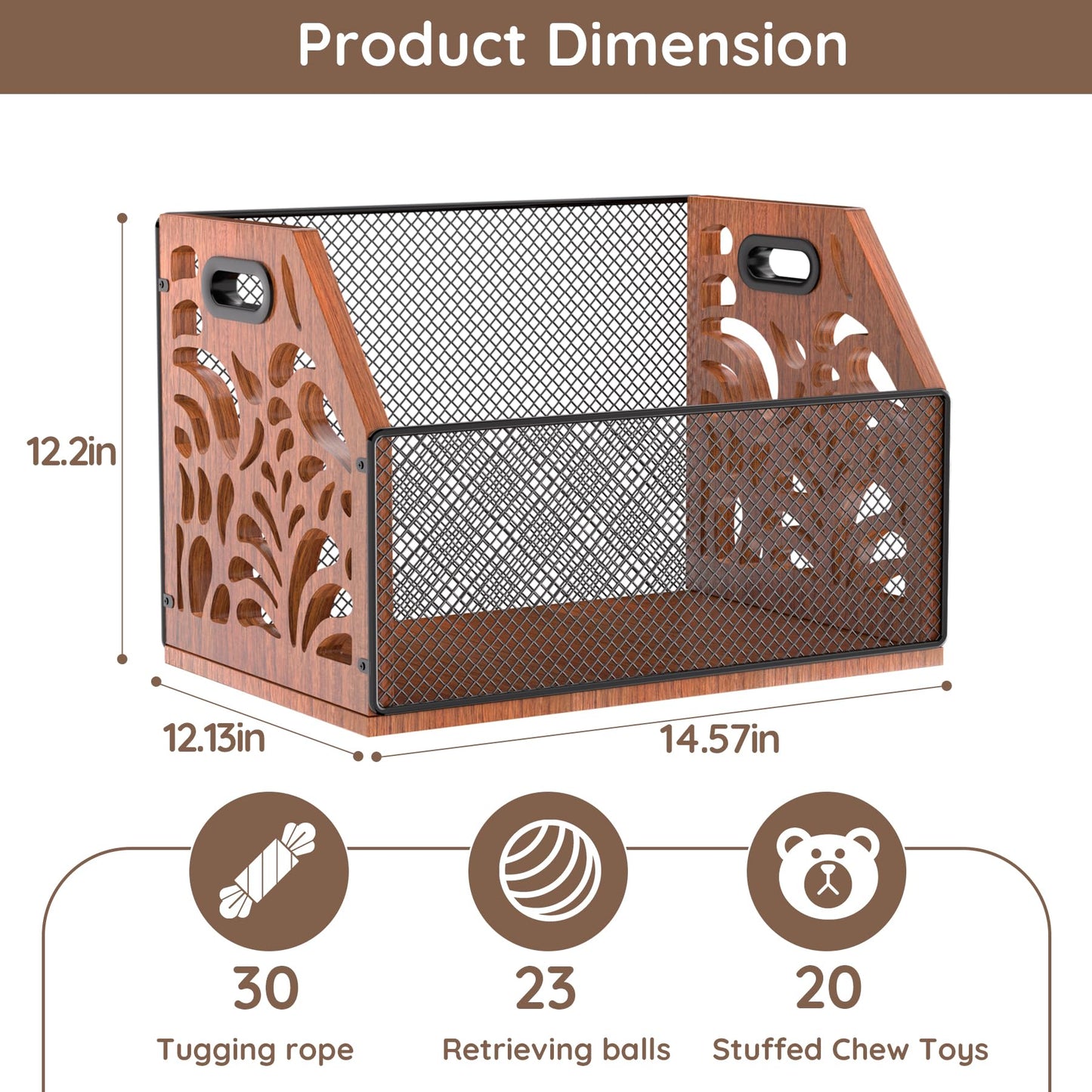 AHUONEL Dog Toy Basket, Chew-Proof Dog Toy Box, Wooden & Metal Pet Toy Storage Organizer, Spacious Toy Storage Bin for Pet Toys, Treats & Home Supplies, Toy Box for Living Room