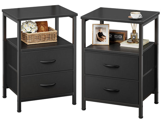 Huuger Night Stand Set of 2, Nightstand with 2 Drawers, Bed Side Table with Open Shelf, Wooden Top, End Table, Fabric Drawer, for Bedroom, Black