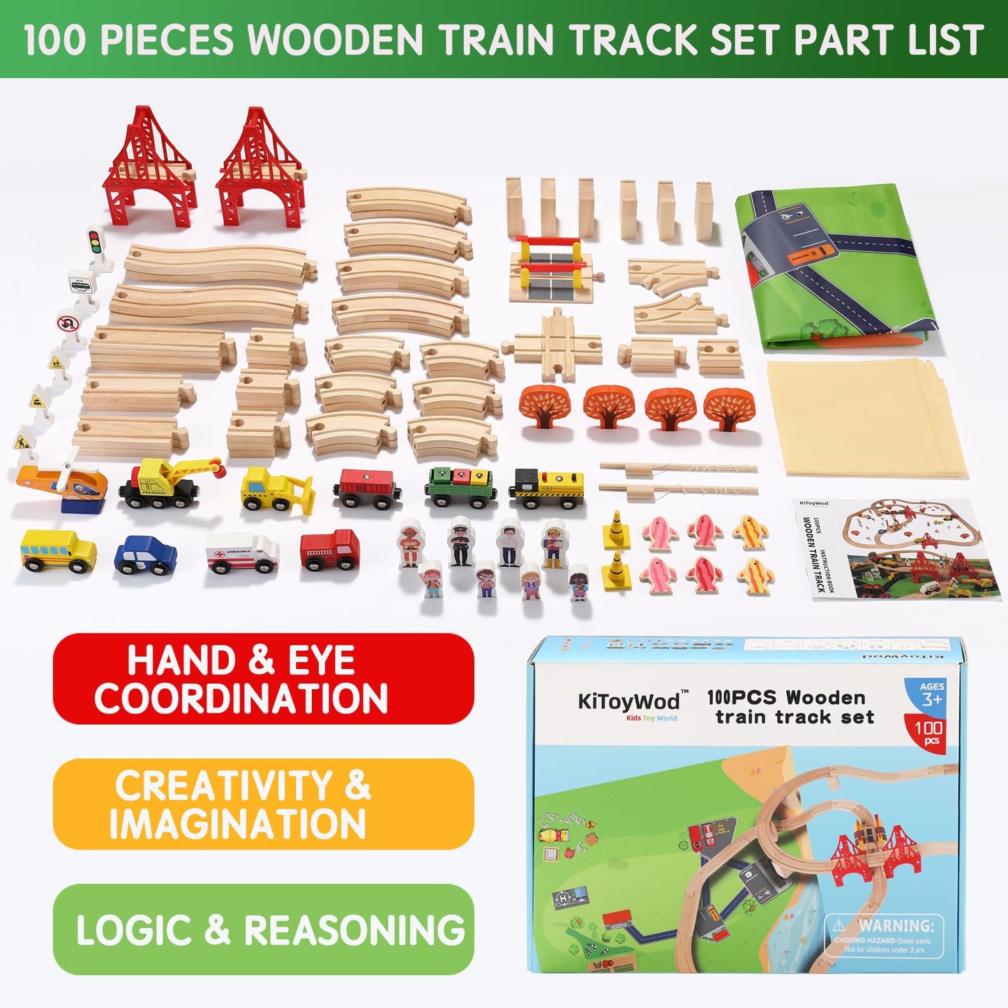 KiToyWod 100 Pcs Wooden Train Track Set, Toy Train with Tracks for Kids Ages 3-10, Compatible with Major Brands, Railway Playset for Boys and Girls Birthday Gift