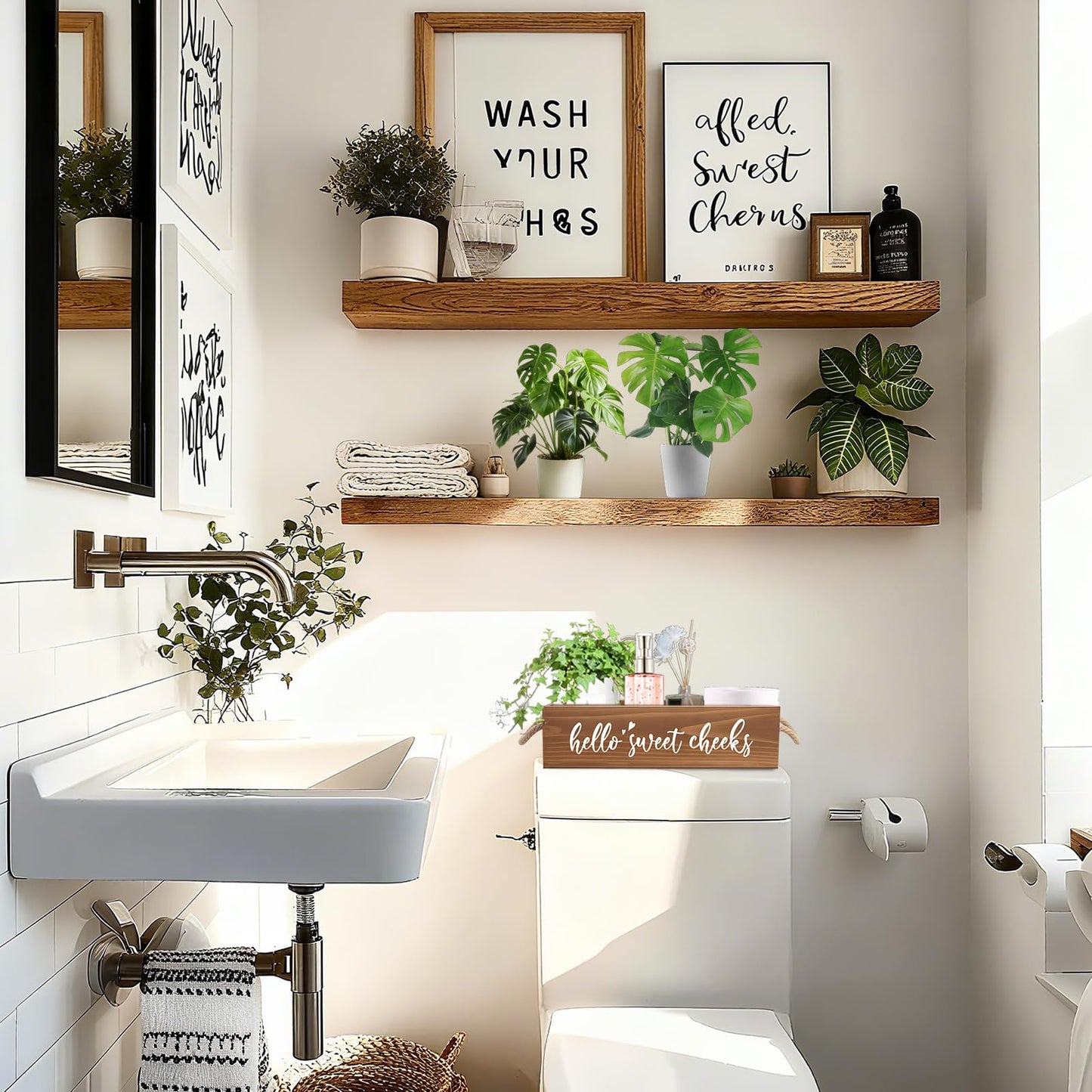 DOFAFALA MayAvenue Farmhouse Bathroom Decor Box Hello Sweet Cheeks Double Sided Wooden Toilet Paper Holder Tissue Box with Handles, Bathroom Signs (Brown)