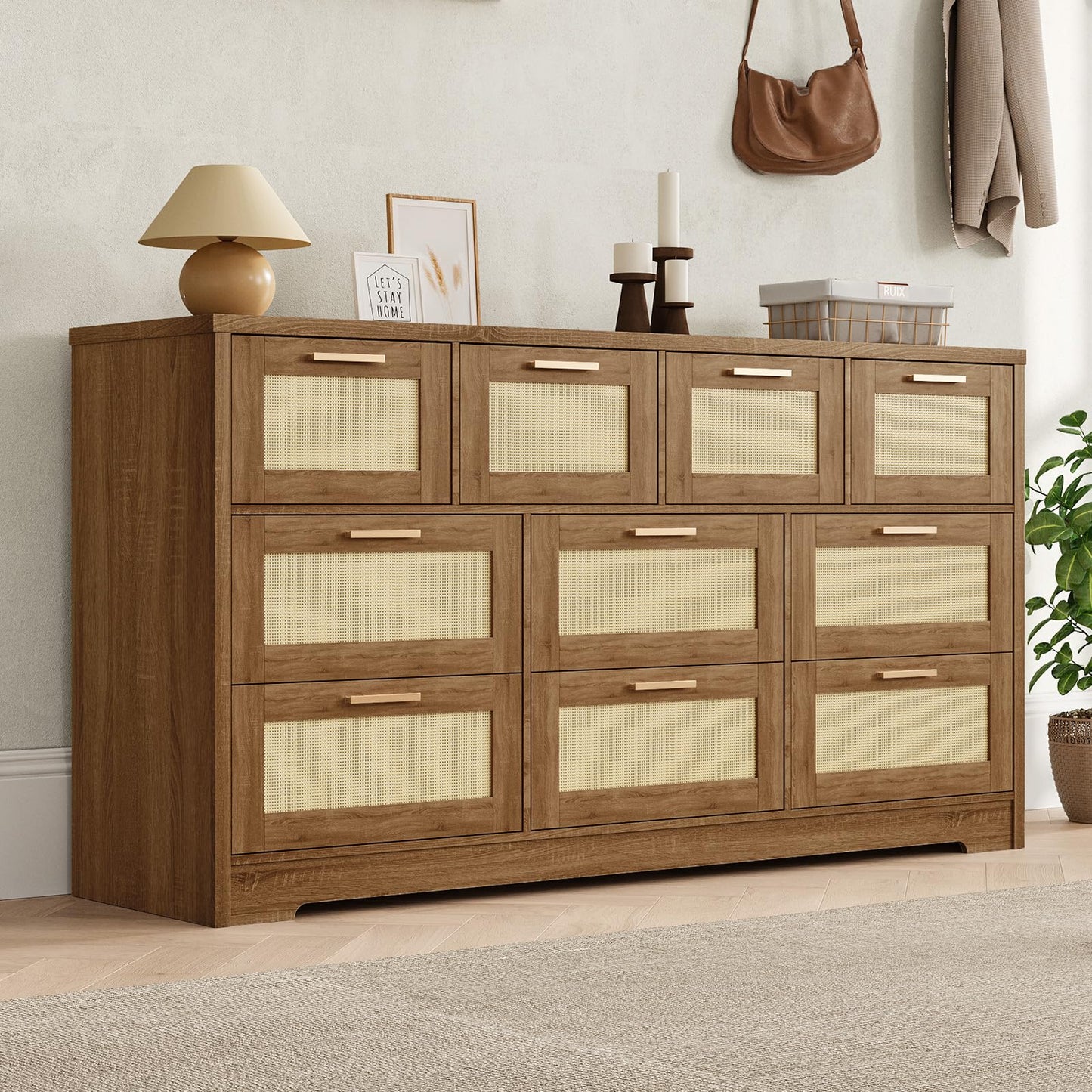 GarveeLife 10 Drawer Dresser for Bedroom, 59 in Farmhouse Rattan Dressers & Chests of Drawers, Wooden Storage Organizer with Anti-Tipping Device for Living Room, Hallway, Entryway, Natural