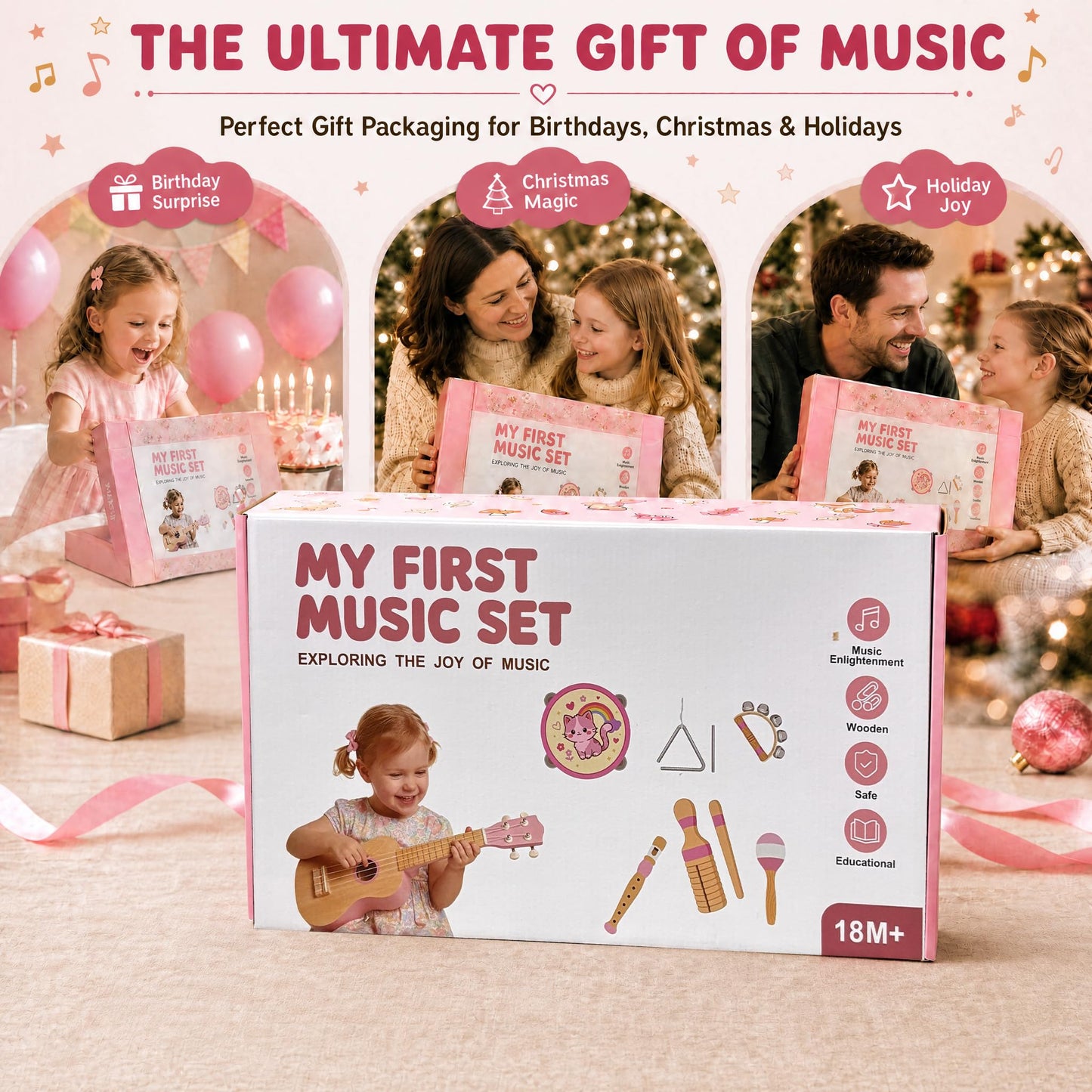 Soundo Kids Musical Instruments Set - 7P Toddler Ukulele for 2+ Year Old Boys Girls, Birthday Gifts for Kids 2 - 5, Christmas Wooden Toys, Party Kit with Ukulele, Maracas, Tambourine (Pink)
