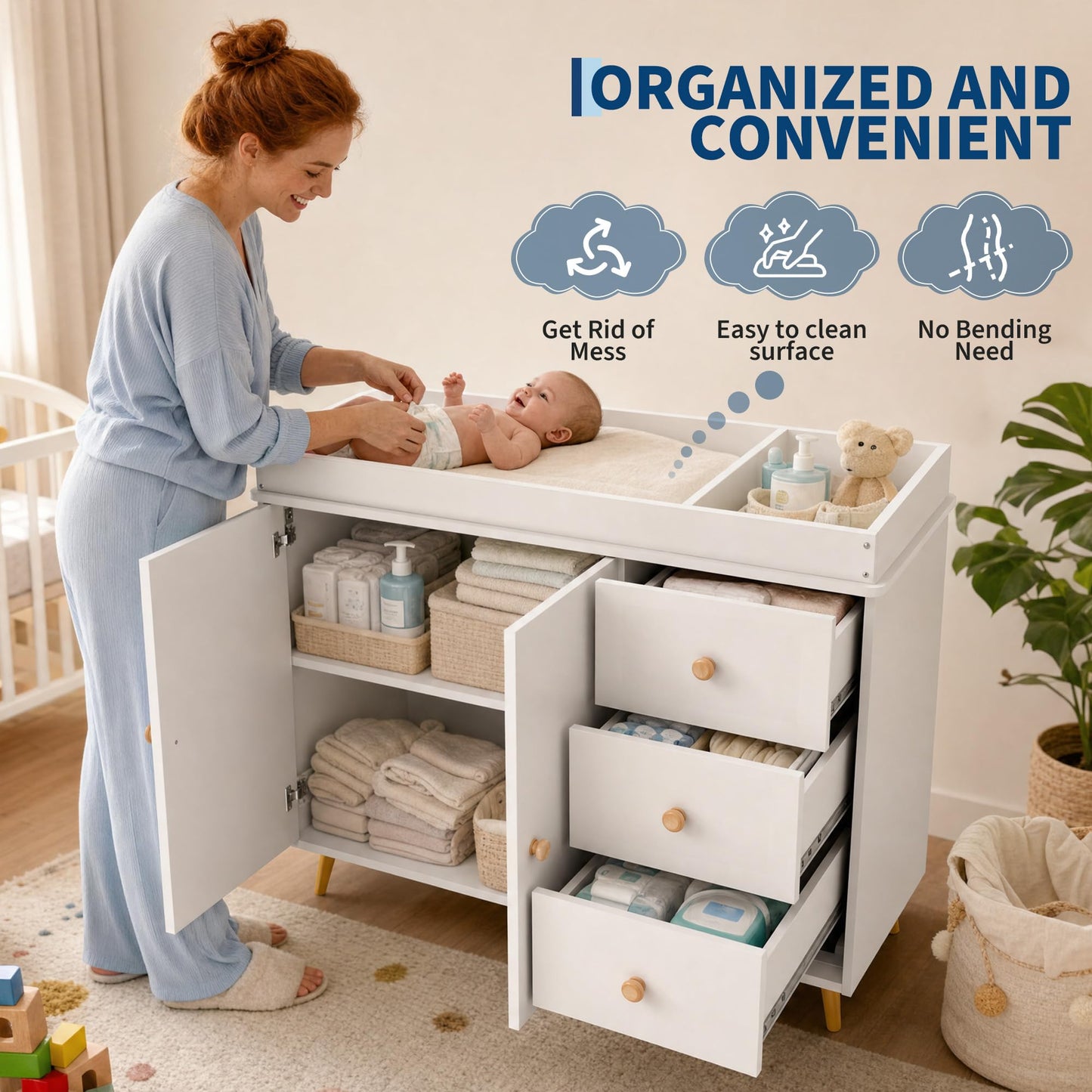 Garvee Baby Changing Table, White Wooden Dresser with 3 Drawers and Cabinet