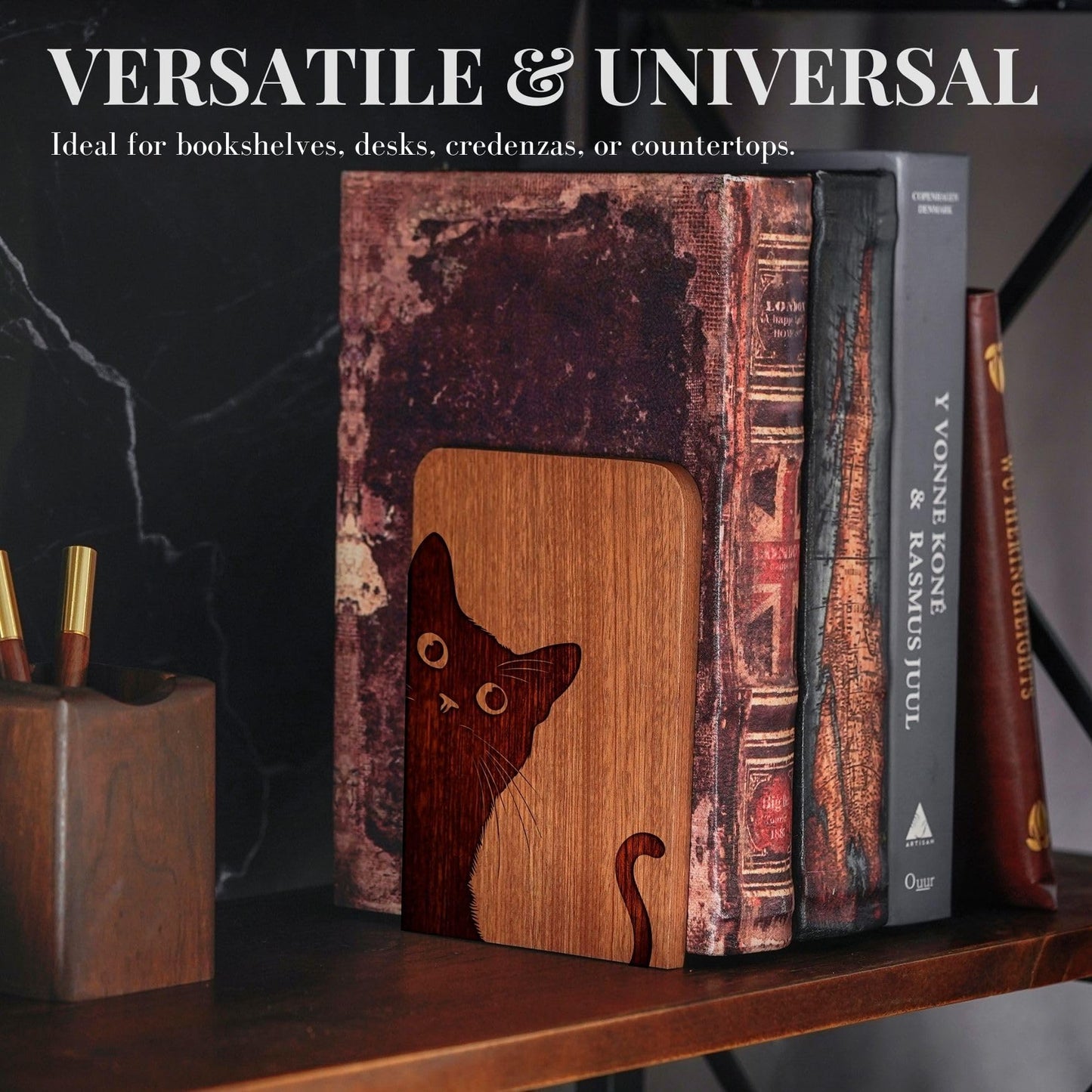 INNObeta Decorative Wooden Book Ends, Animal Bookends, Heavy Duty Bookends for Shelves Unique Design(1 Pair, 4.72x6.69 Inches) - Cattail