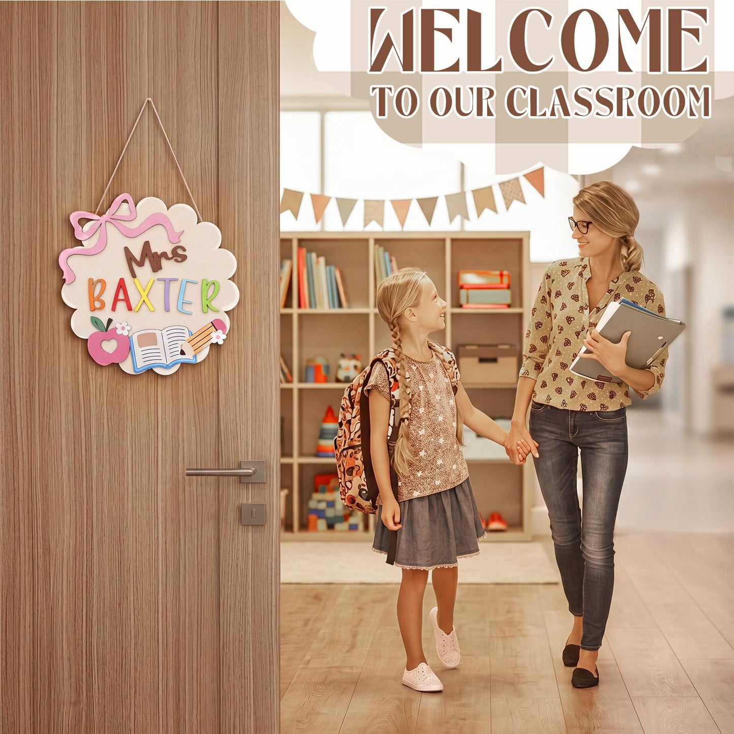 Sliner DIY Teacher Door Sign Classroom Welcome Door Sign DIY Wooden Letter Name Plate with Mr/mrs/miss Personalized Appreciation Teacher Gifts for Back to School Classroom Decor (Bow)