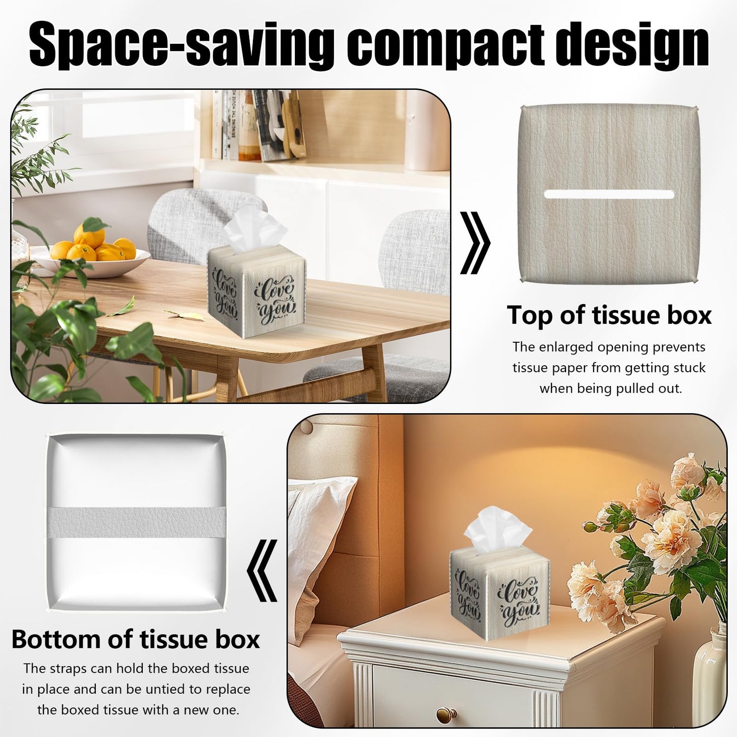 2 Pack Love You Tissue Box Cover Square Wooden Board Texture PU Leather Tissue Box Holder Waterproof Facial Paper Organizer Dispenser for Bathroom Kitchen Home Office Car