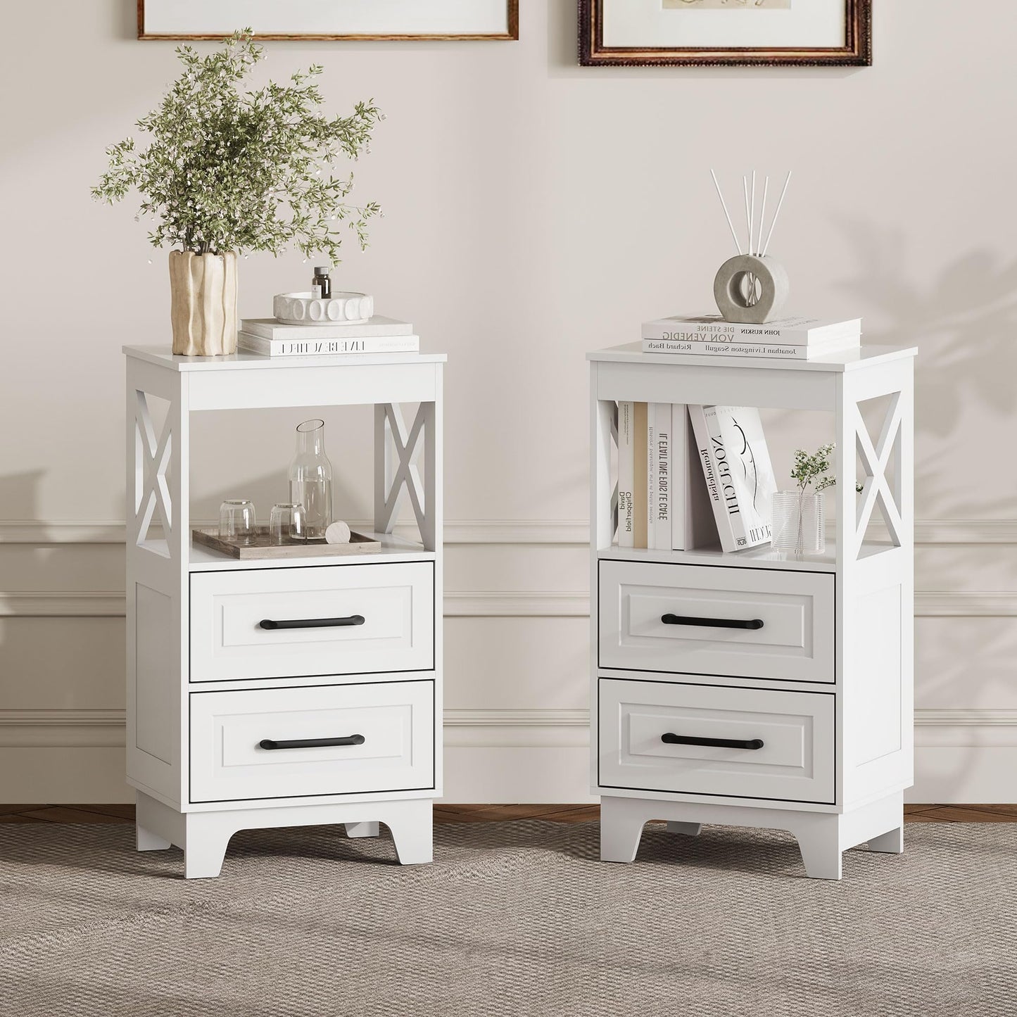 ZYKZYK Tall Nightstand Set of 2 Side Table with 2 Drawers Modern Night Stand Wooden End Table Bedside Table with Upper Open Shelf Solid Feet for Bedroom, White