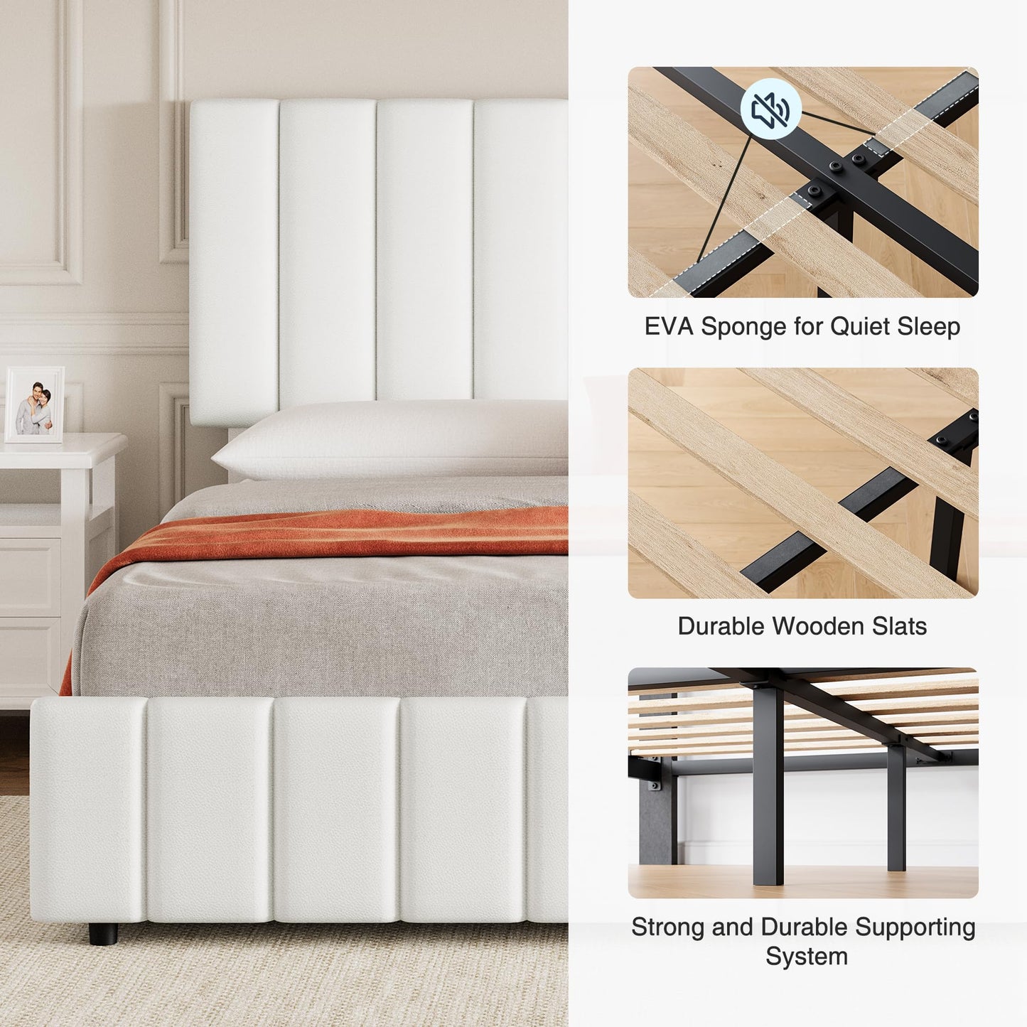 Queen Size Bed Frame with Upholstered Headboard, Queen Platform Bed with 4 Storage Drawers, Wooden Slats Support & Adjustable Headboard, No Box Spring Needed, Noise Free, Easy to Assemble, White