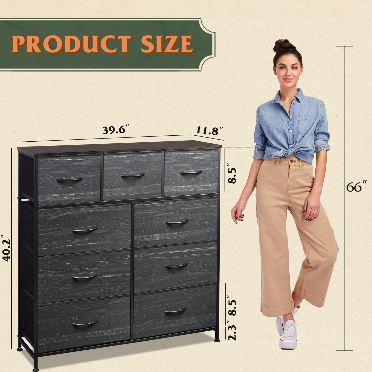 WLIVE 3 Drawer and 9 Drawer Dresser Set, Dresser for Bedroom, Closet, Hallway, Storage Organizer Unit, Dressers & Chests of Drawers with Fabric Bins, Charcoal Black Wood Grain Print