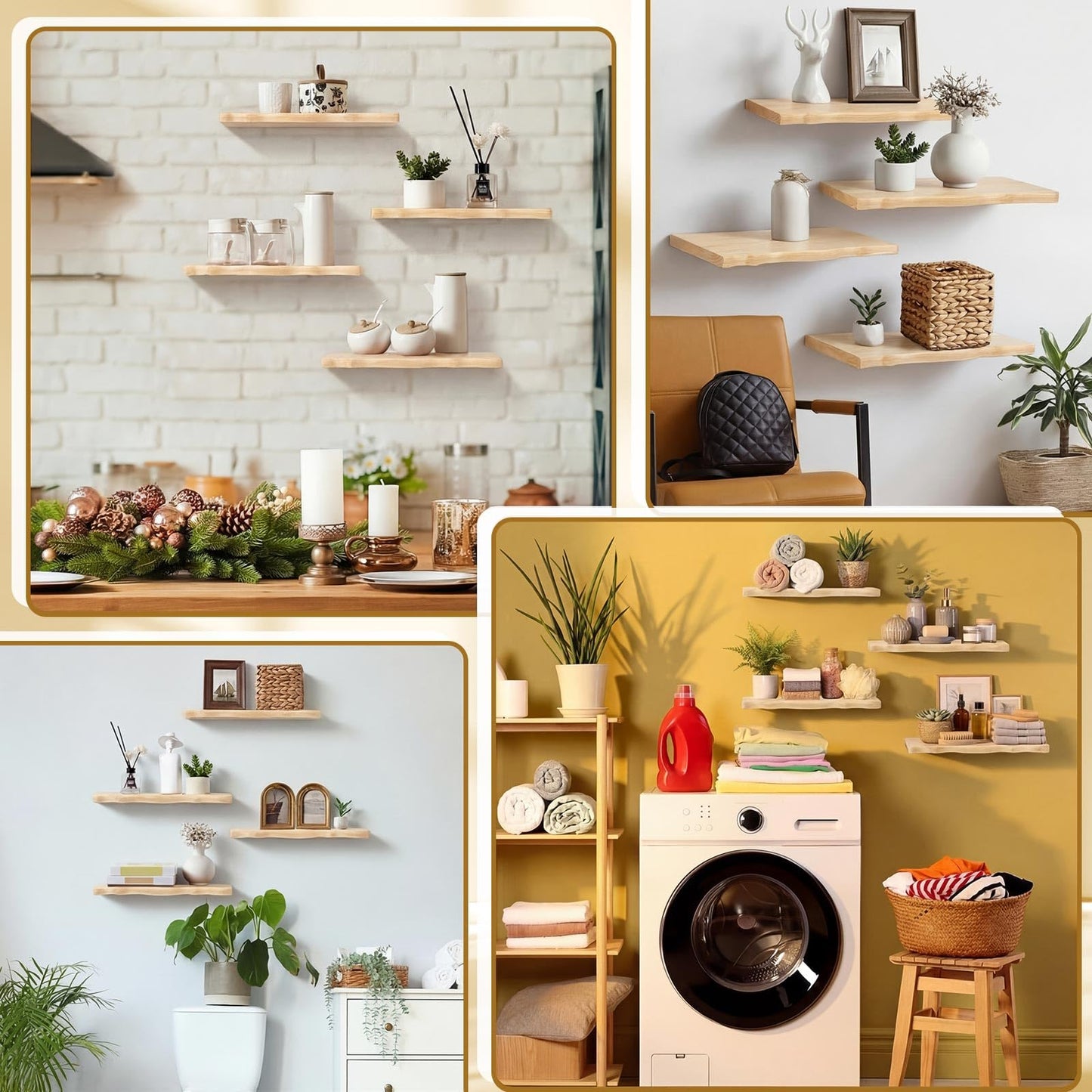 Pinkunn 4 Pcs Floating Shelves for Wall Rustic 15.75 Inches Wooden Floating Shelf Wooden Shelves Modern Farmhouse Decor for Bathroom Living Room Bedroom Kitchen Wall Mounted Live Edge Pine Shelf