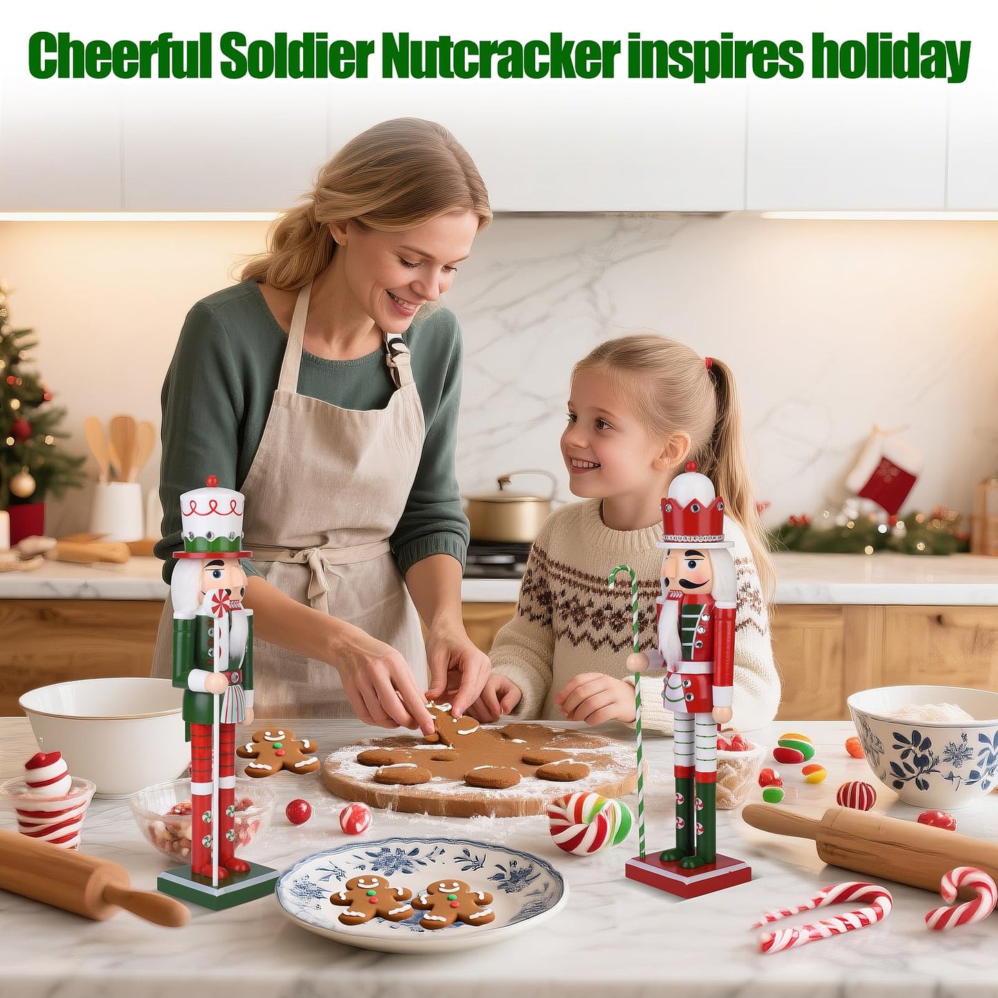 Wooden Christmas Soldier Nutcracker Decorations, 15 Inch Xmas Nutcracker Figure Christmas Decor for Home, Shelf, or Party Display (Green)