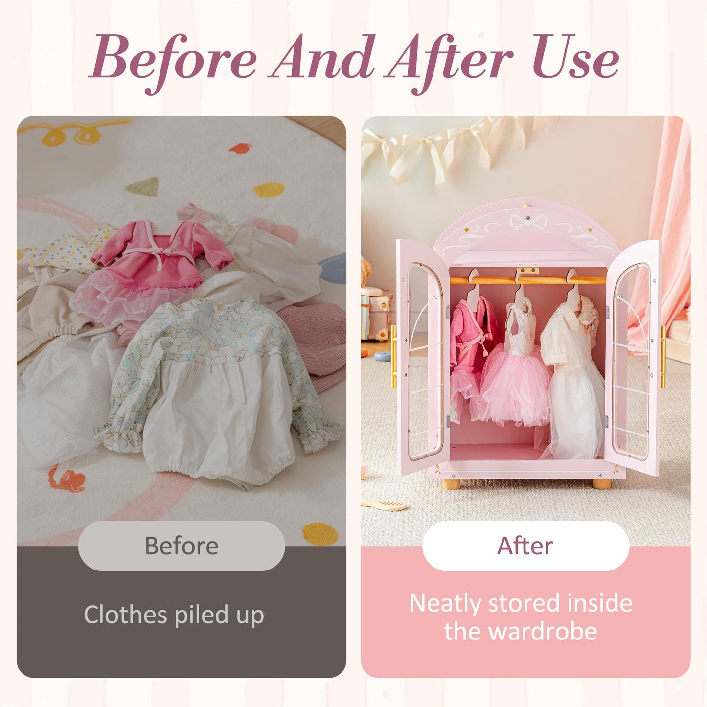 ROBOTIME 18 Inch Doll Closet, Wooden Doll Furniture Wardrobe with Mirror & Hangers, Pink Doll Clothes Storage Armoire, Doll Furniture for 18 Inch Dolls