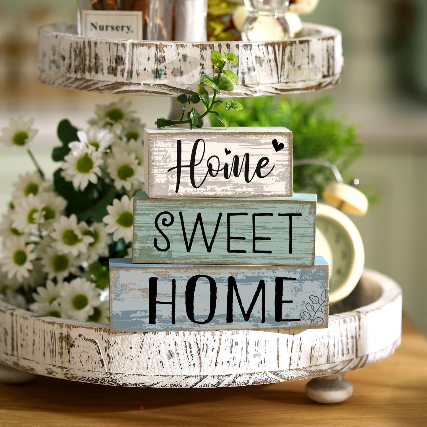 Moucuny 4 Pcs Wooden Farmhouse Table Decor Rustic Home Sweet Home Stacked Blocks Decoration Farmhouse Tiered Tray Decor Decorative Eucalyptus Block Signs Gift for Kitchen Shelf Coffee Table