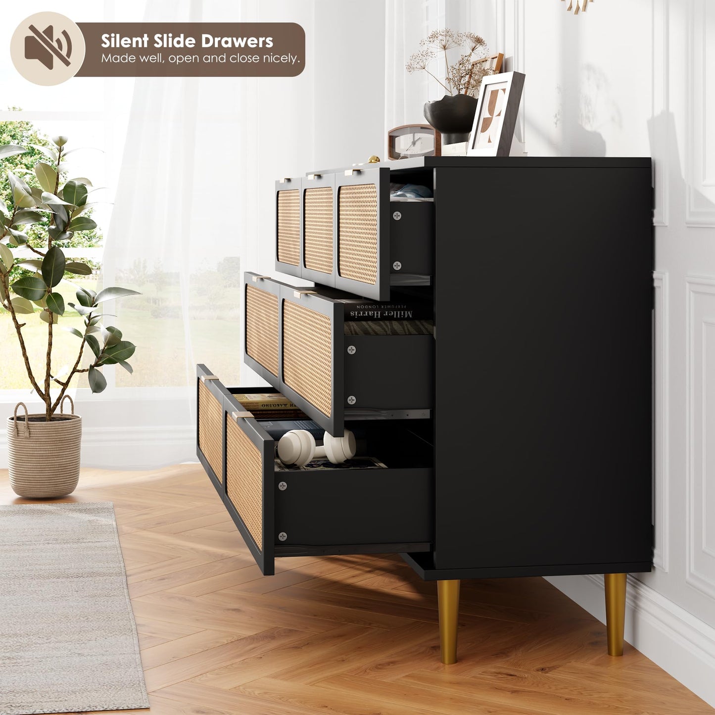 GarveeHome Rattan 7 Drawer Dressers for Bedroom, Tall Dresser with Deep Drawers, Large Chest of Drawers for Closet with Wide Top, Long Wooden Dresser for Living Room, Hallway, Kids Room, Black