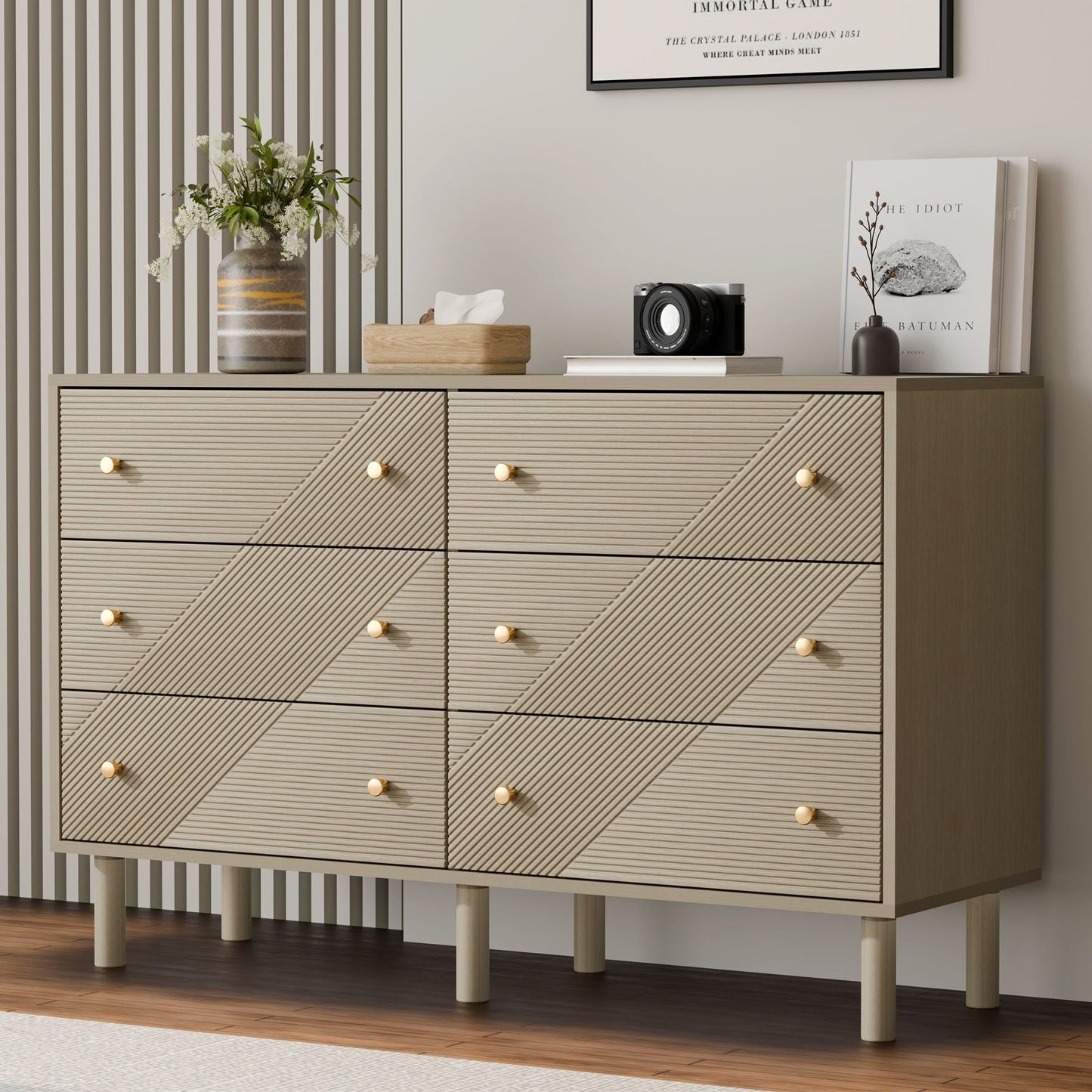 TRUNBACK Storage Drawers, 6 Drawer Dresser with Handles, 48" Wide Modern Wood Dresser Storage Cabinet Storage Chest for Living Room, Entryway, Hallway