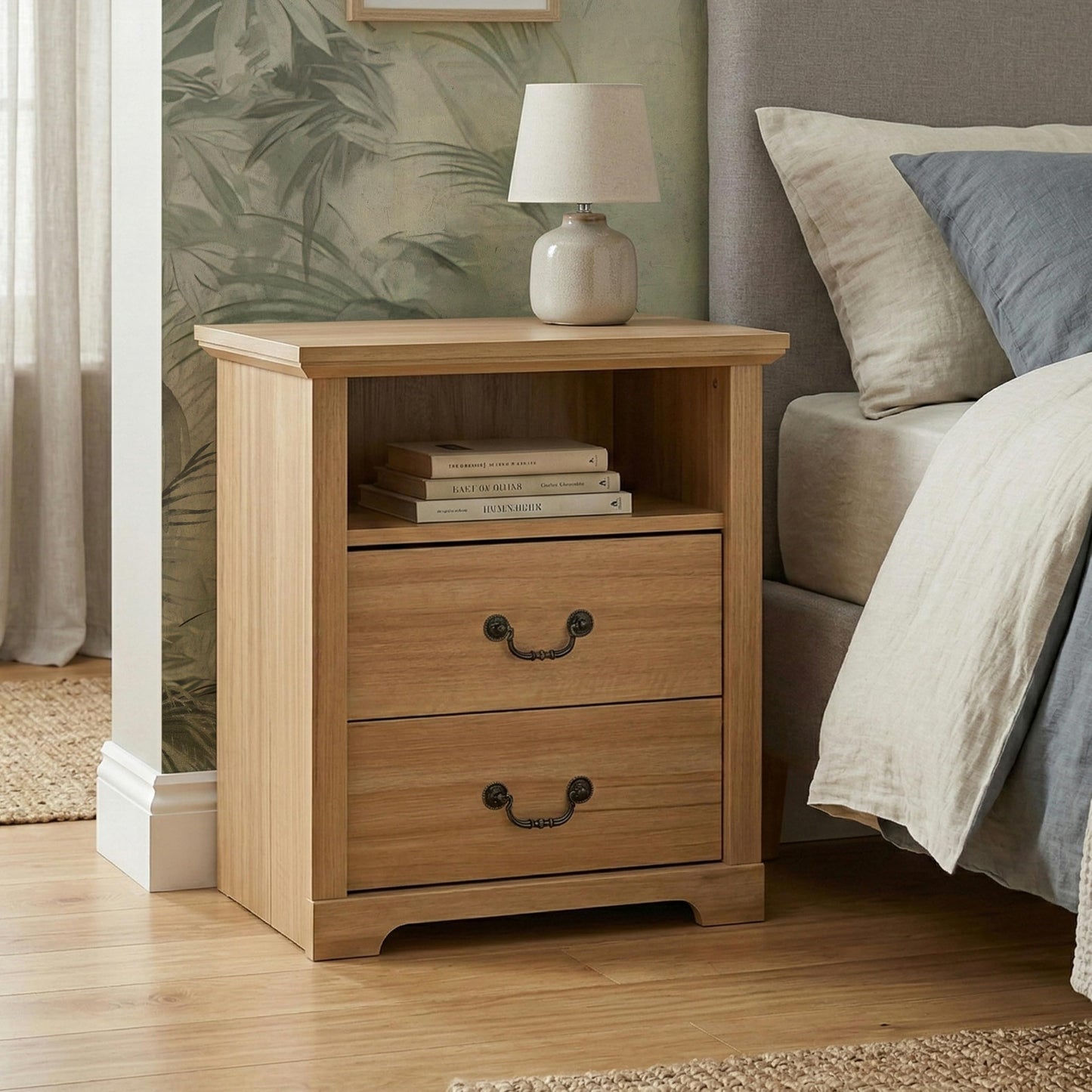 24/7 Shop at Home Elrik Modern 22-inch Wood Nightstand with Open Shelf, 2 Drawers and Ornate Handles, Wooden Night Stand for Bedroom, Apartment, Small Bedside Table, Natural