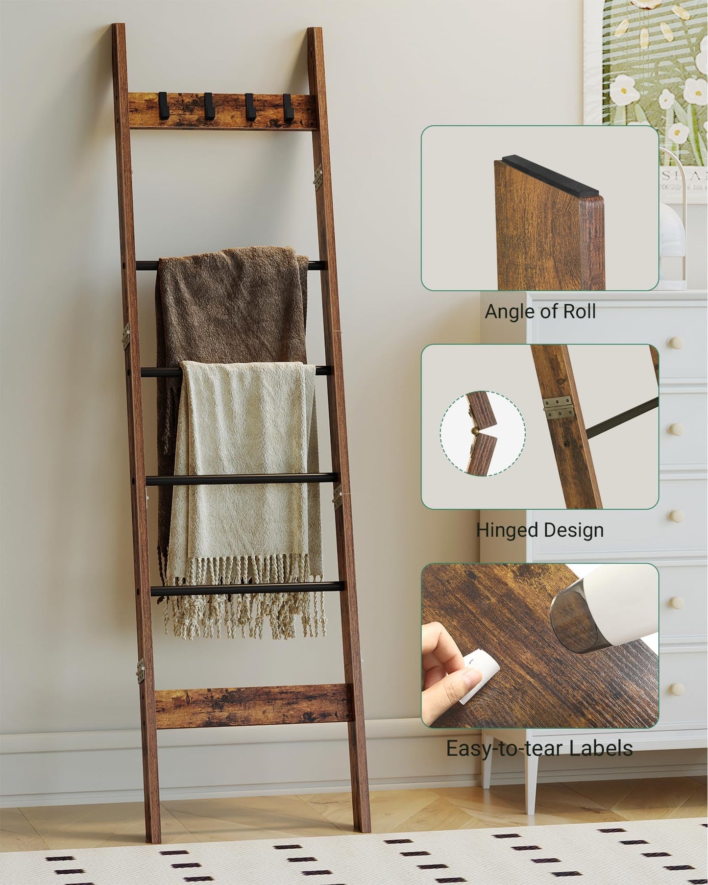 Hzuaneri Blanket Ladder for Living Room, Decorative Quilt Rack with 4 Removable Hooks, 5-Tier Farmhouse Ladder Holder Shelf Organizer for Bedroom, Rustic Brown and Black BR31501B