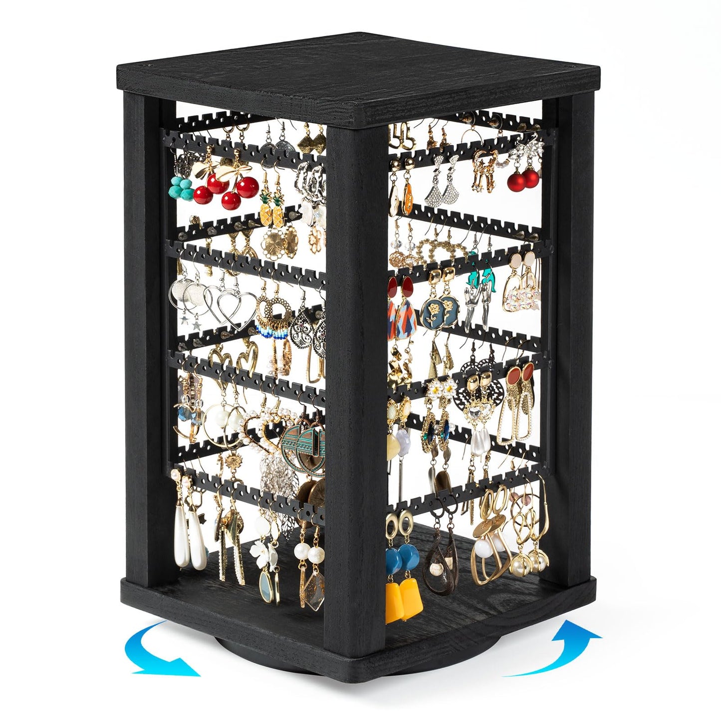 Emfogo 360 Earring Holder Organizer, Rustic Wood Earring Stand, Rotating Wooden Display, 4 Tiers Earring Organizer Stand for Stud Earrings, Hoop Earrings & Necklaces, Women Gifts