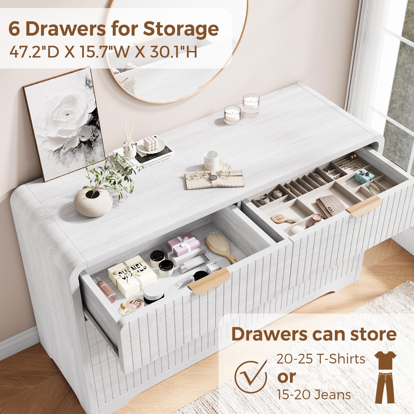 Jocoevol Modern 6 Drawer Dresser for Bedroom, 47" Wide Wood Dressers & Chests of Drawers Curved Profile Design, Mid Century Modern Fluted Dresser for Bedroom, White