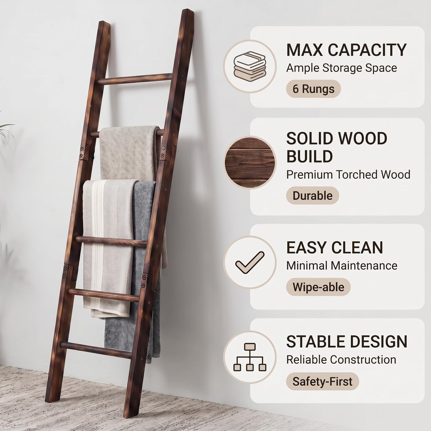Carbonized Farmhouse Blanket Ladder, 6-Tier Rustic Wooden Rack