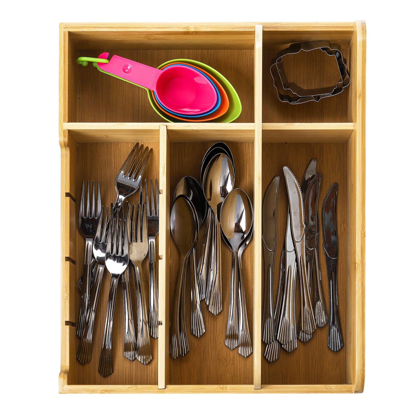 Frcctre Bamboo Utensil Caddy Organizer, 8 Compartments Large Paper Plate Holder, Adjustable Utensil Holder Silverware Cutlery Organizer for Plate Cup Fork Spoon Napkin, 16" L x 13" W x 5.5" H