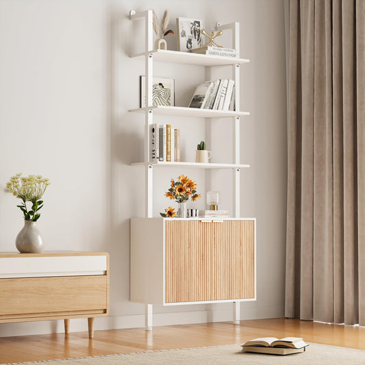 INNOD 74" Tall Bookshelf with Storage Cabinet, Modern Ladder Shelf with Wood and Metal Frame, Wall Mount Bookcase Open Display Shelf Furniture for Living Room, Bedroom, Home Office, White and Oak