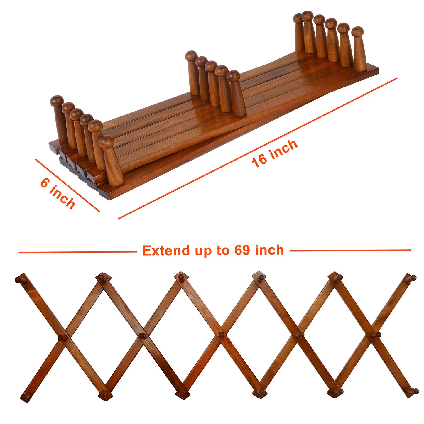 Dseap Accordian Wall Hanger: 16” High Wooden Wall Expandable Coat Rack, Hat Rack Holder, Accordion Hook for Baseball Caps, Coats, Mugs, 17 Peg Hooks, Brown