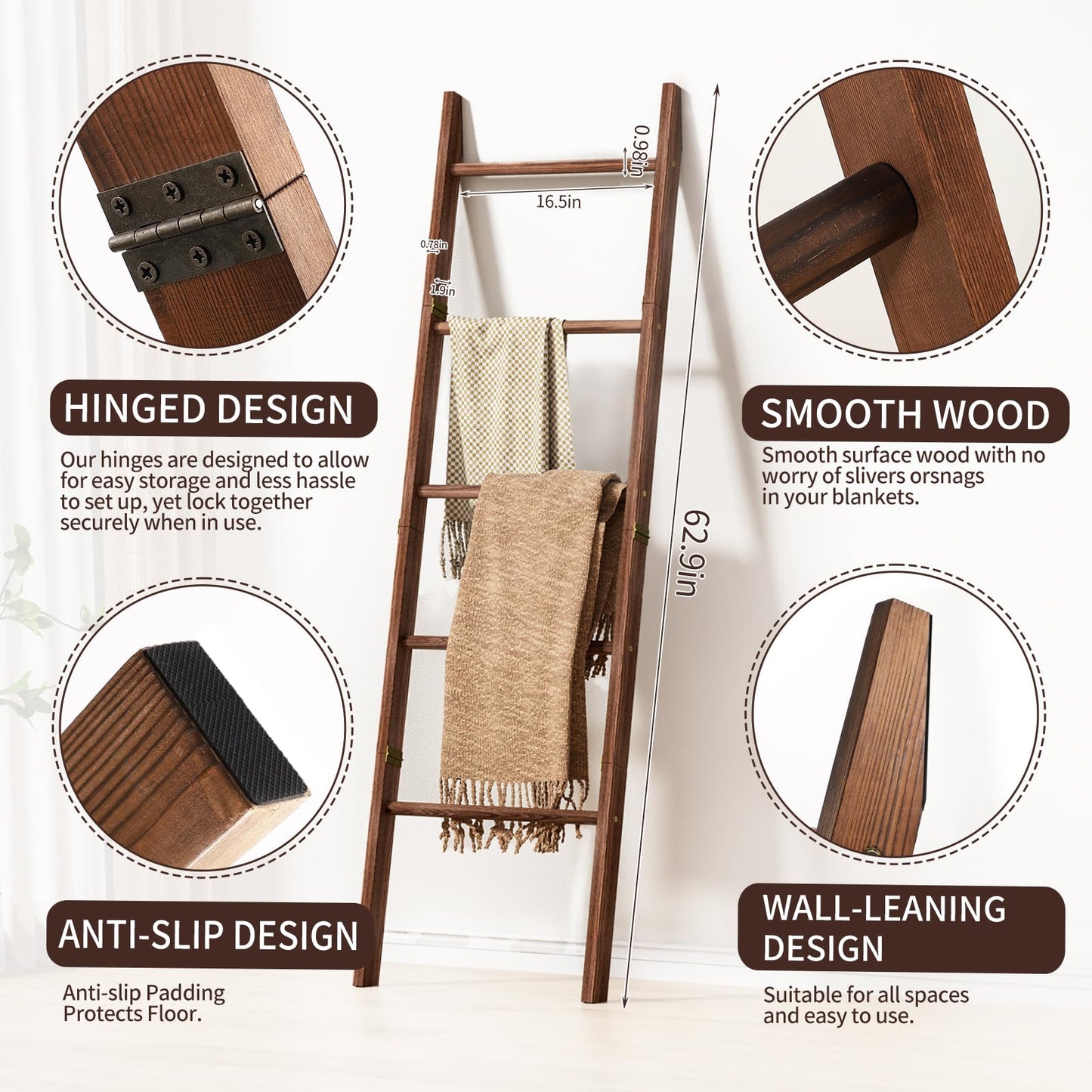 XLHOMO 5-Tier Wooden Blanket Ladder, 63" Rustic Leaning Blanket Rack for Living Room, Decorative Quilt and Towel Holder for Bedroom Bathroom Farmhouse Home Decor, Brown