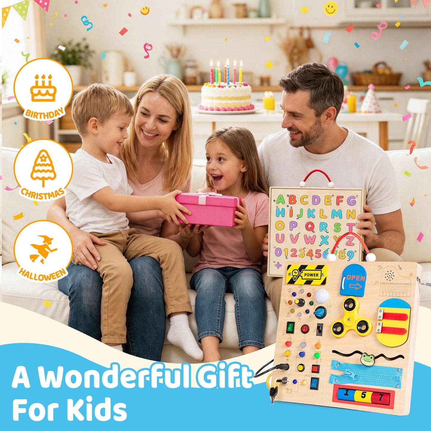 GNAYUIJ Wooden Busy Board Montessori Toy for Toddlers,Educational Learning Toy for 1 2 3 Year Boys & Girls,Sensory Activity Board with LED Light & Music Boxes, Travel Toys for Kids Birthday Gift