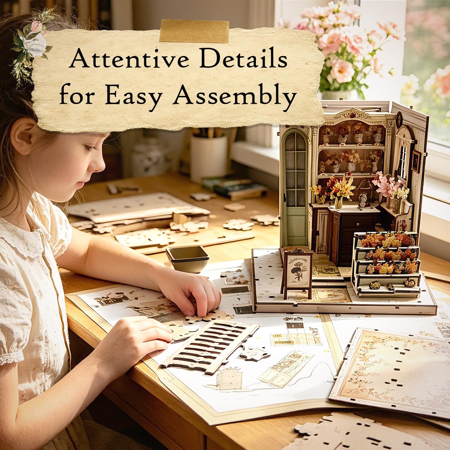 Book Nook Kit DIY Miniature House – 3D Wooden Puzzle Bookshelf Insert with LED Lights, Tiny Dollhouse Building Model Craft Kit, Unique Book Nook Decor Gift for Adults, Teens, Book Lovers