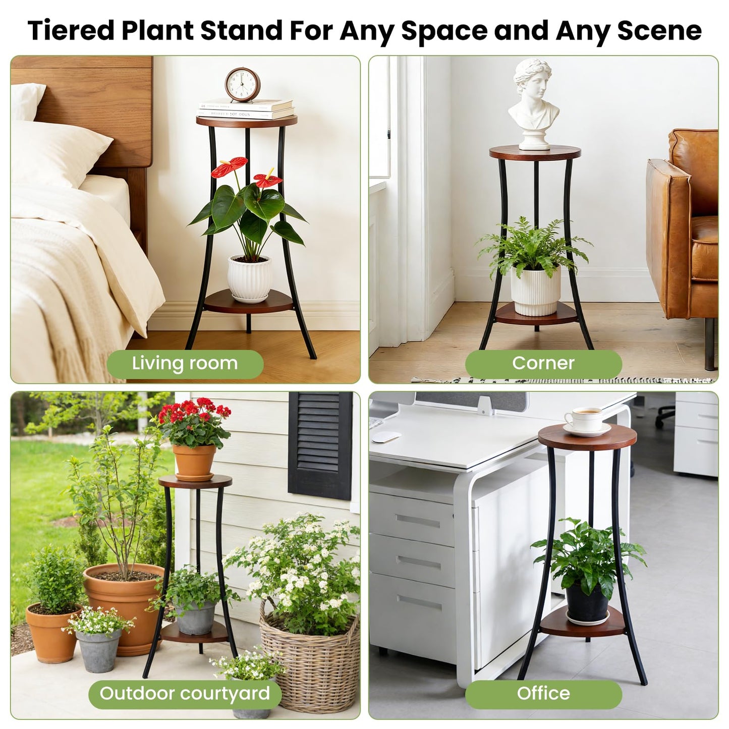 Yedcxup 2-Tier Tall Plant Stand Indoor Outdoor, Round Wooden Corner Plant Shelf with Walnut Panel & Black Metal Frame, Modern Flower Pot Holder Rack for Living Room, Balcony, Patio Decor