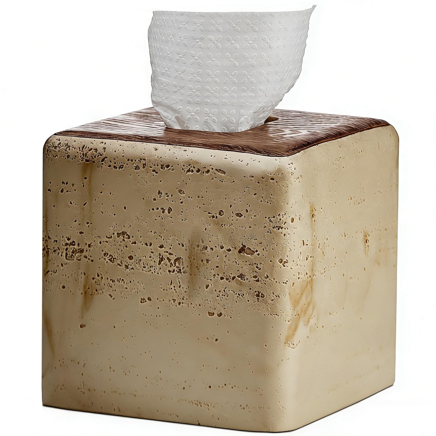 Natural Travertine & Wood Textures Tissue Box Cover Square for Home Decor,Resin Heavy Tissue Box Holder for Bathroom Countertop,Tabletop,Bedside Table,Office (Handmade of Resin)