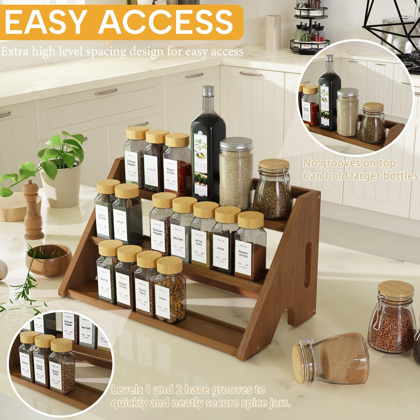 CCHIDG Bamboo Spice Rack Organizer -3-Tier Spice Rack for Countertop,Cabinet Spice Rack Organizer for 24 Spice Jars(4oz)，Step Shelf (Walnut)