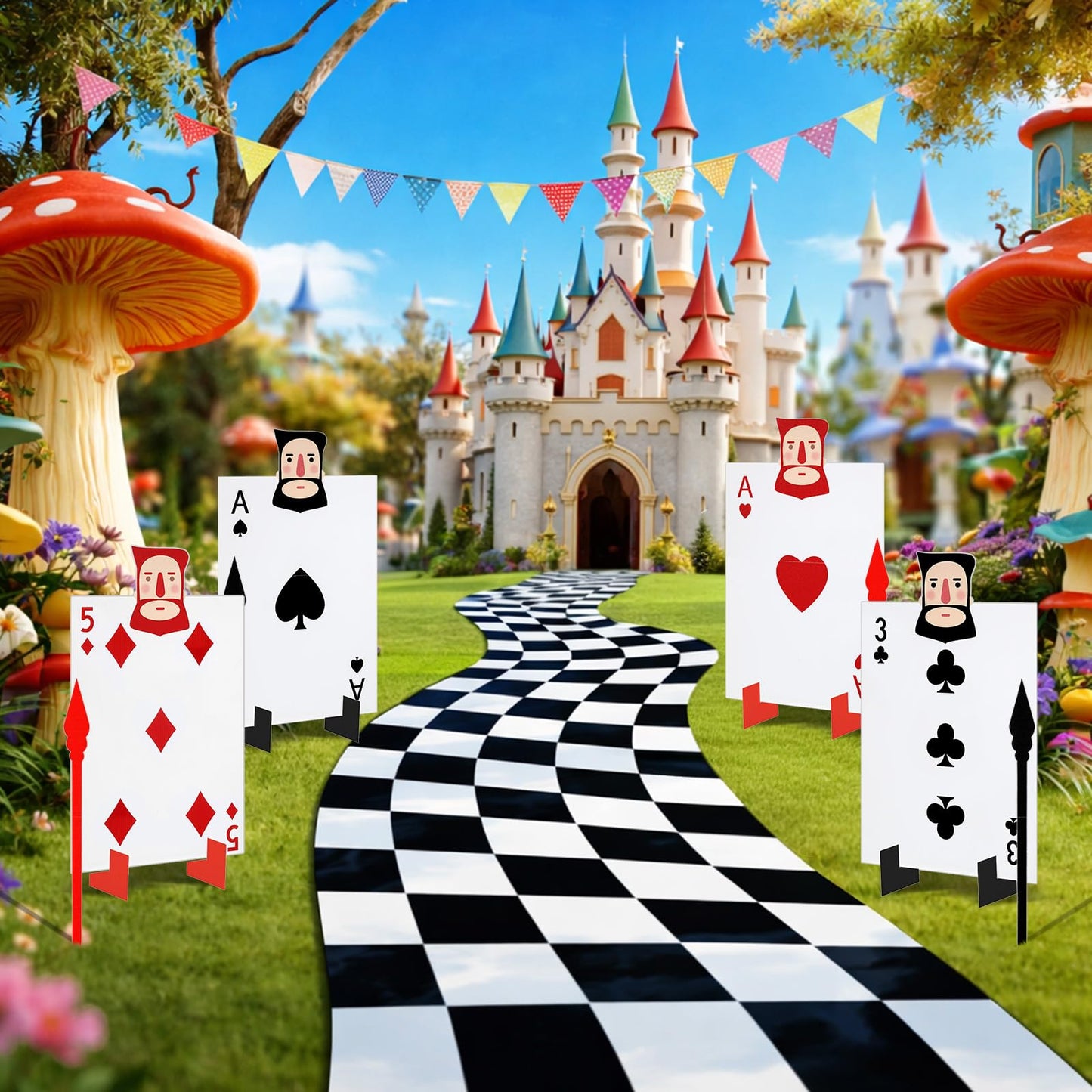 Cinnvoice Wonderland Tea Party Decoration, 4 Giant Queen's Soldiers Poker Sign with 8 Stakes 4 Spears, Large Checkered Floor Runner, Yard Lawn Garden Indoor Outdoor Decor for Birthday Poker Party