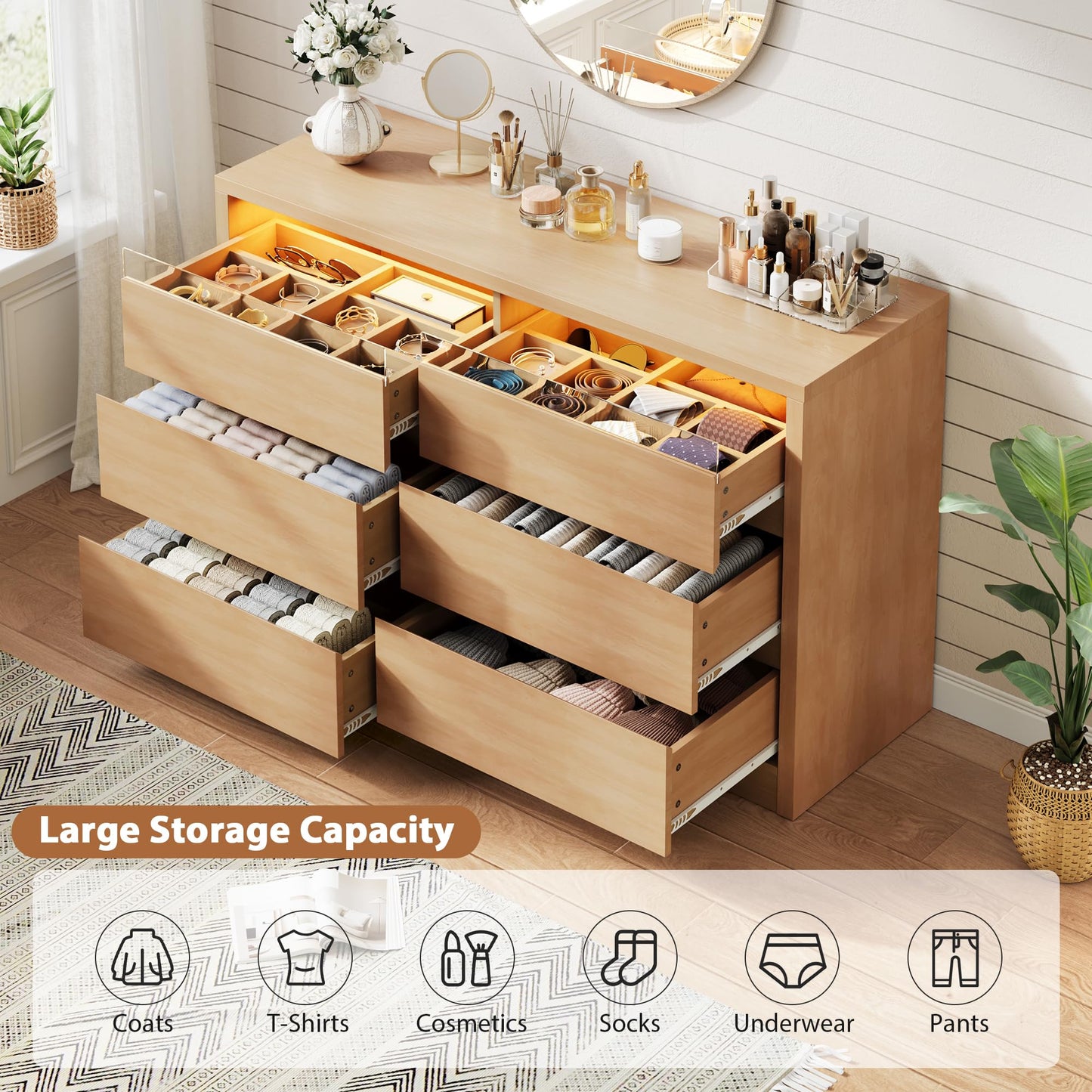 Jocoevol Modern LED 6 Drawer Dresser for Bedroom, Large Chest of Drawers with Hidden Handles, Long Double Wooden Dresser Closet for Living Room, Entryway, Hallway - Natural Oak