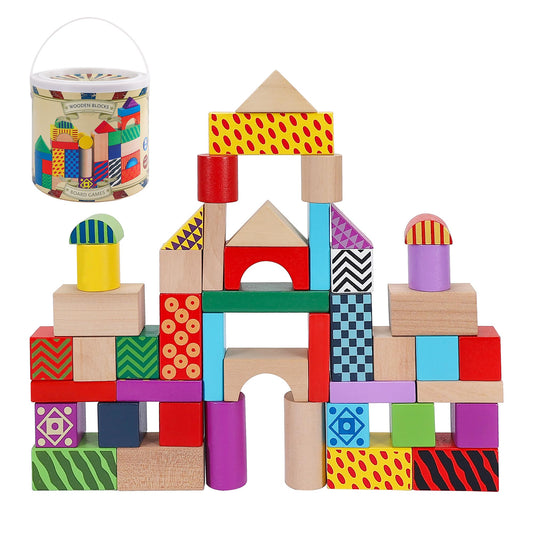 Offelec 50 Pcs Wooden Building Blocks Set with Storage Bucket, Montessori Stacking Blocks & Shape Sorting Toys for Toddlers, Preschool Learning Toys for Boys & Girls, Kids Brightly Colored Blocks