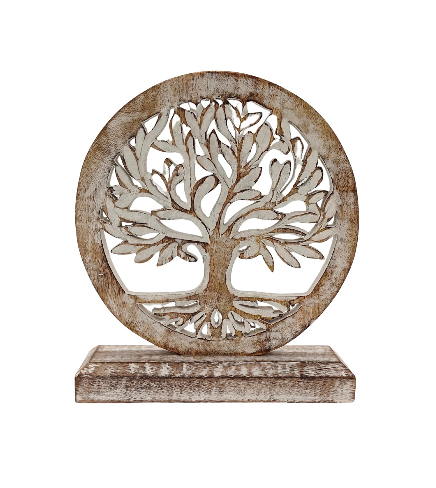 VANIYA CRAFTS® Wooden Tree of Life Table Sculpture – Handmade Carved Engraved Decor Statue for Living Room, Bedroom, Office, Shelf, or Cabinet (Antique White)