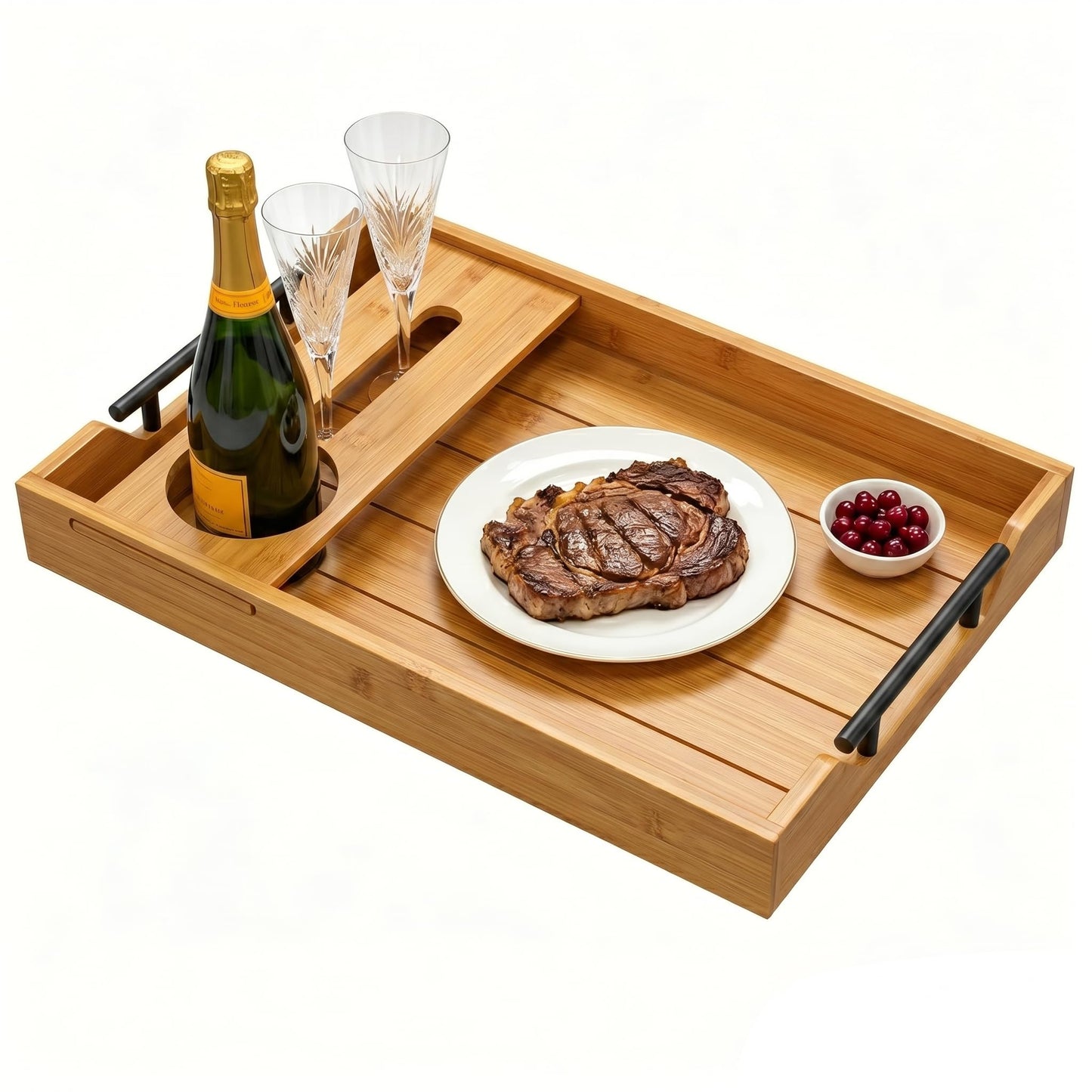 Bamboo Serving Tray with Wine Glass Holder, Couch Snack Tray with Handles for Wine, Cheese and Fruit, Movie Night Tray for Sofa, Coffee Table, Wedding and Housewarming Gift