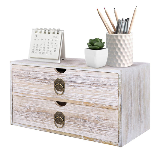 SeekElegant Wood Desk Organizer, Vintage Brown Wooden Desktop Organizer with Drawer, Tabletop Storage Organization Box for Countertop, Home Office Supplies, Bills, 13.3 x 6.5 x 7 Inches(2 Drawer)