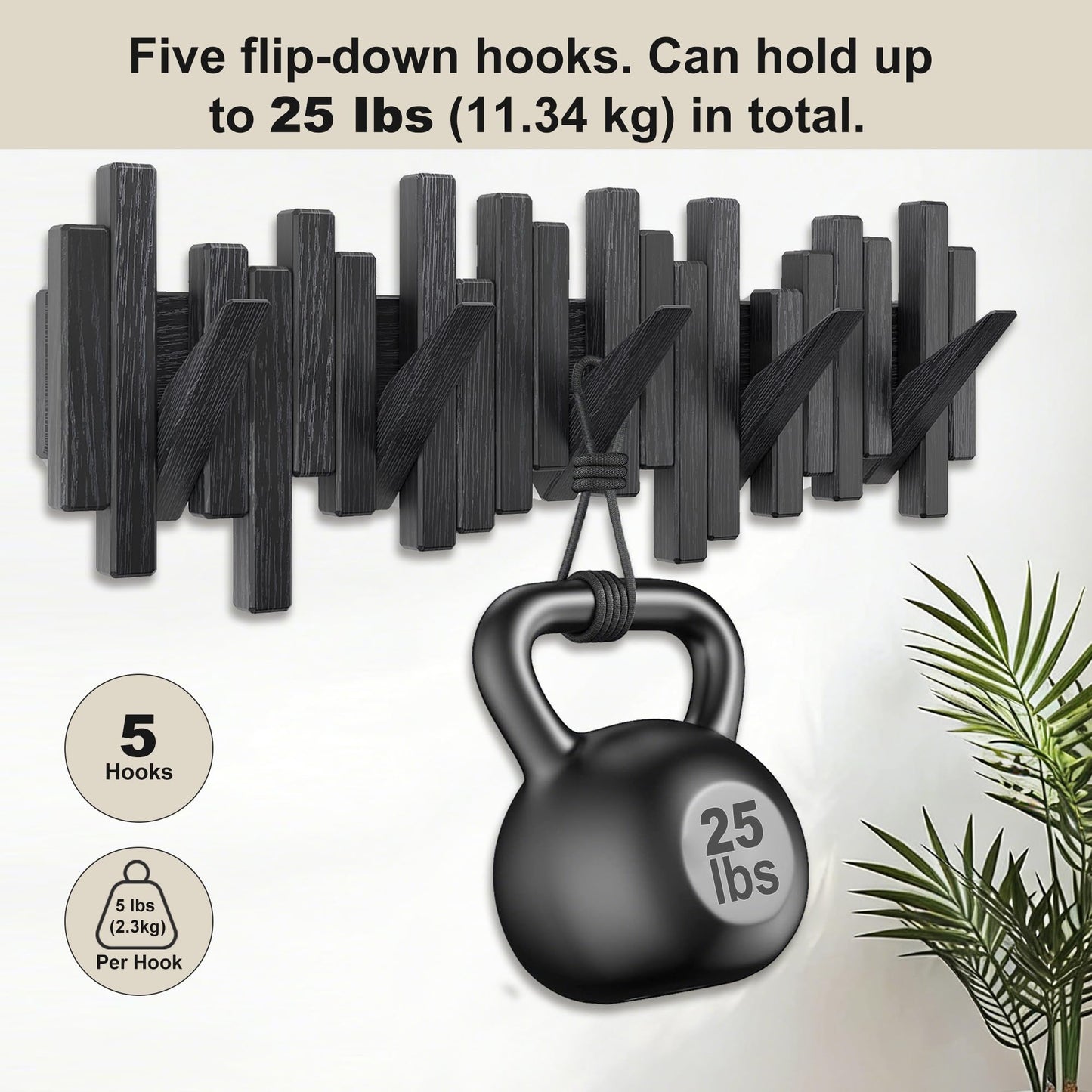 Acsigesn Wooden Coat Rack Wall Mounted Sticks Multi Rack Solid Handmade Natural Wood Artwork with 5 Flip-Down Unique Modern Hooks for Coats Bag Hat Umbrella