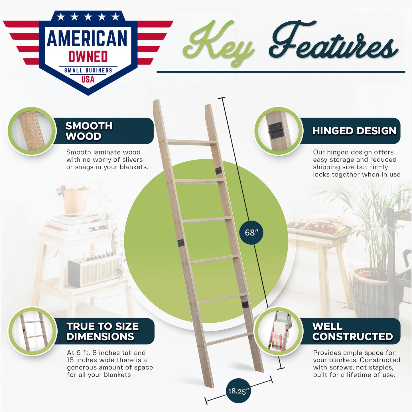 Blanket Ladder for Living Room and Bedroom, 5ft 8 inch, 6-Tier Wall Leaning Laminate No-Snag Construction (Smokey Oak) Rustic Decorative Farmhouse Blanket Storage, Quilt Rack, Ladder Shelf