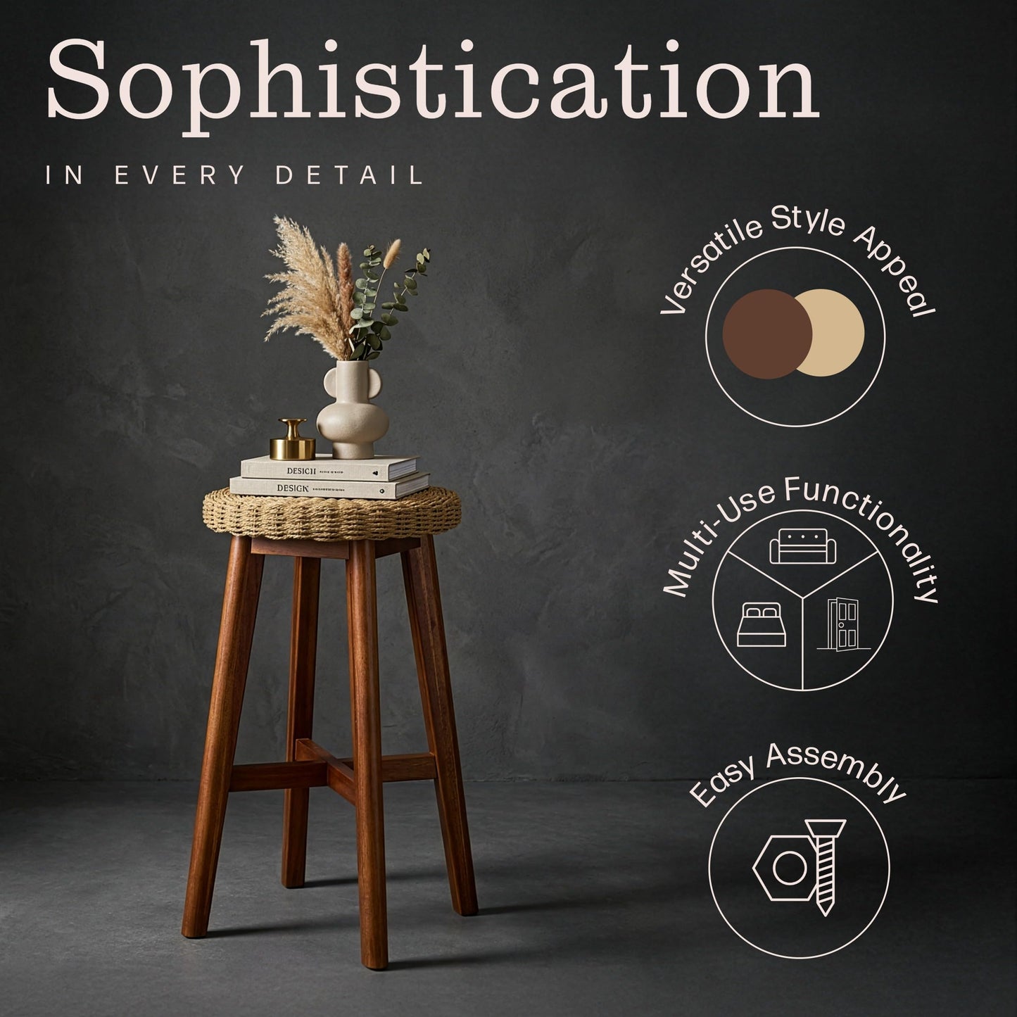 Alaterre Furniture Calais Round Bar Stool with Woven Seat - 24in Counter Height Bar Stools Backless for Kitchen, Bar or Dining Room - Wooden Barstool (Chestnut Finish)